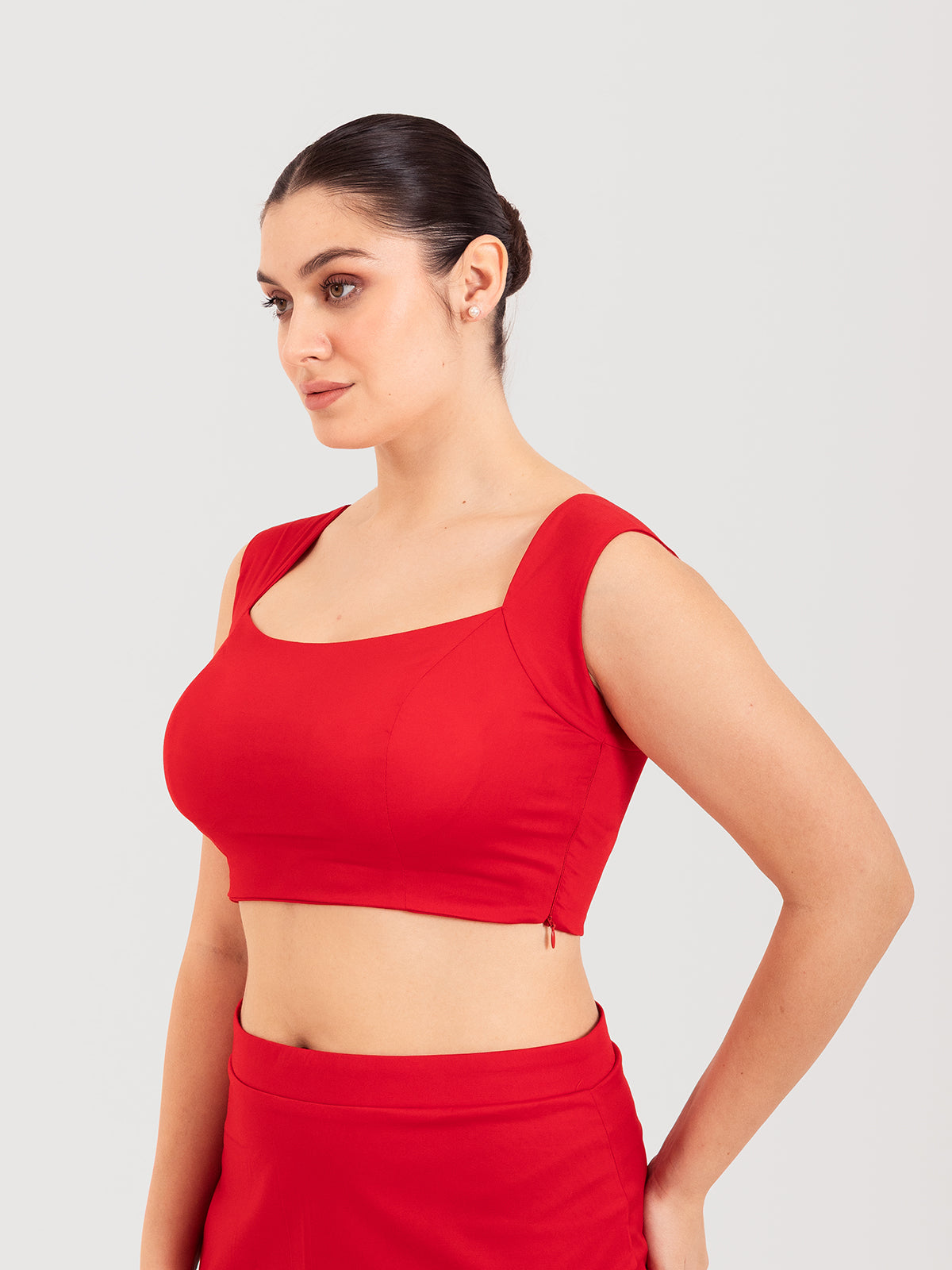 Red cotton lycra curved sweetheart neck sleeveless blouse