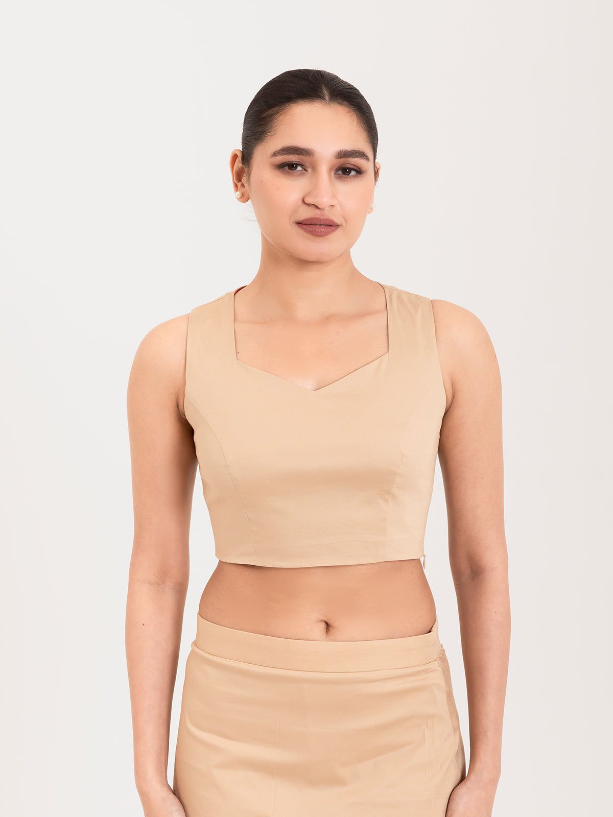 Beige cotton lycra sweetheart neck sleeveless blouse