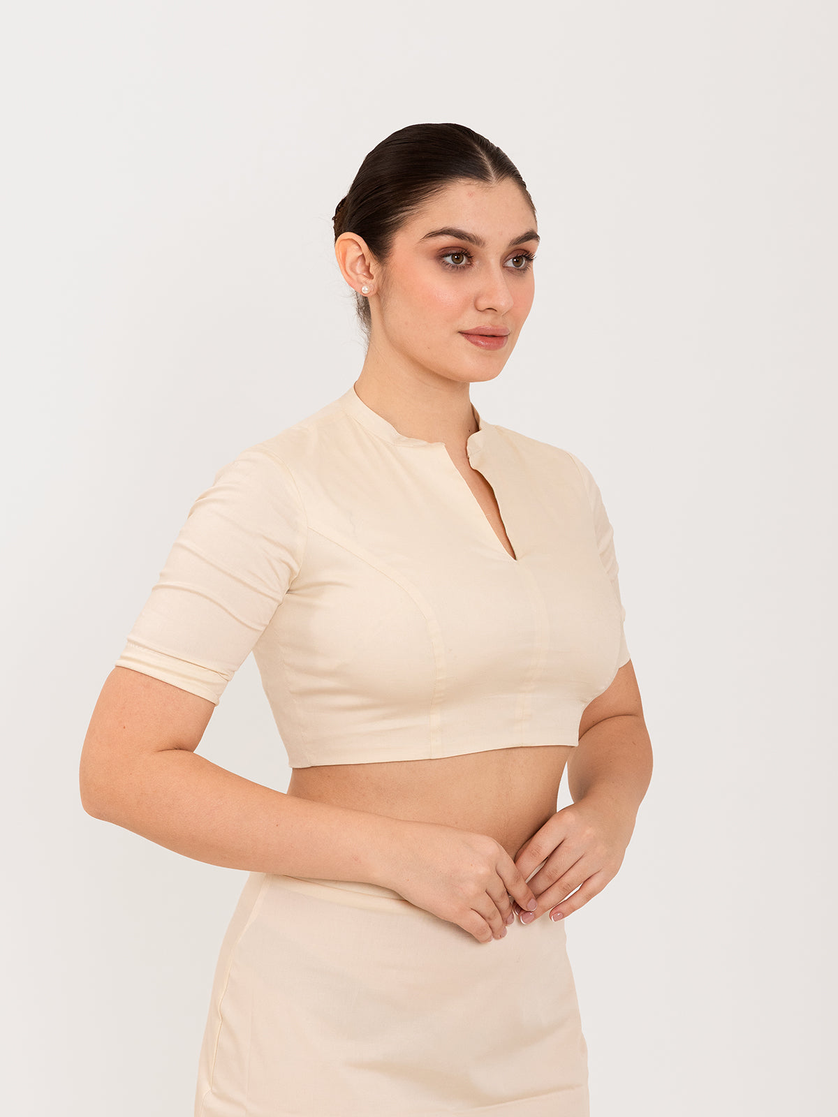 White cotton lycra collar neck sleeveless blouse