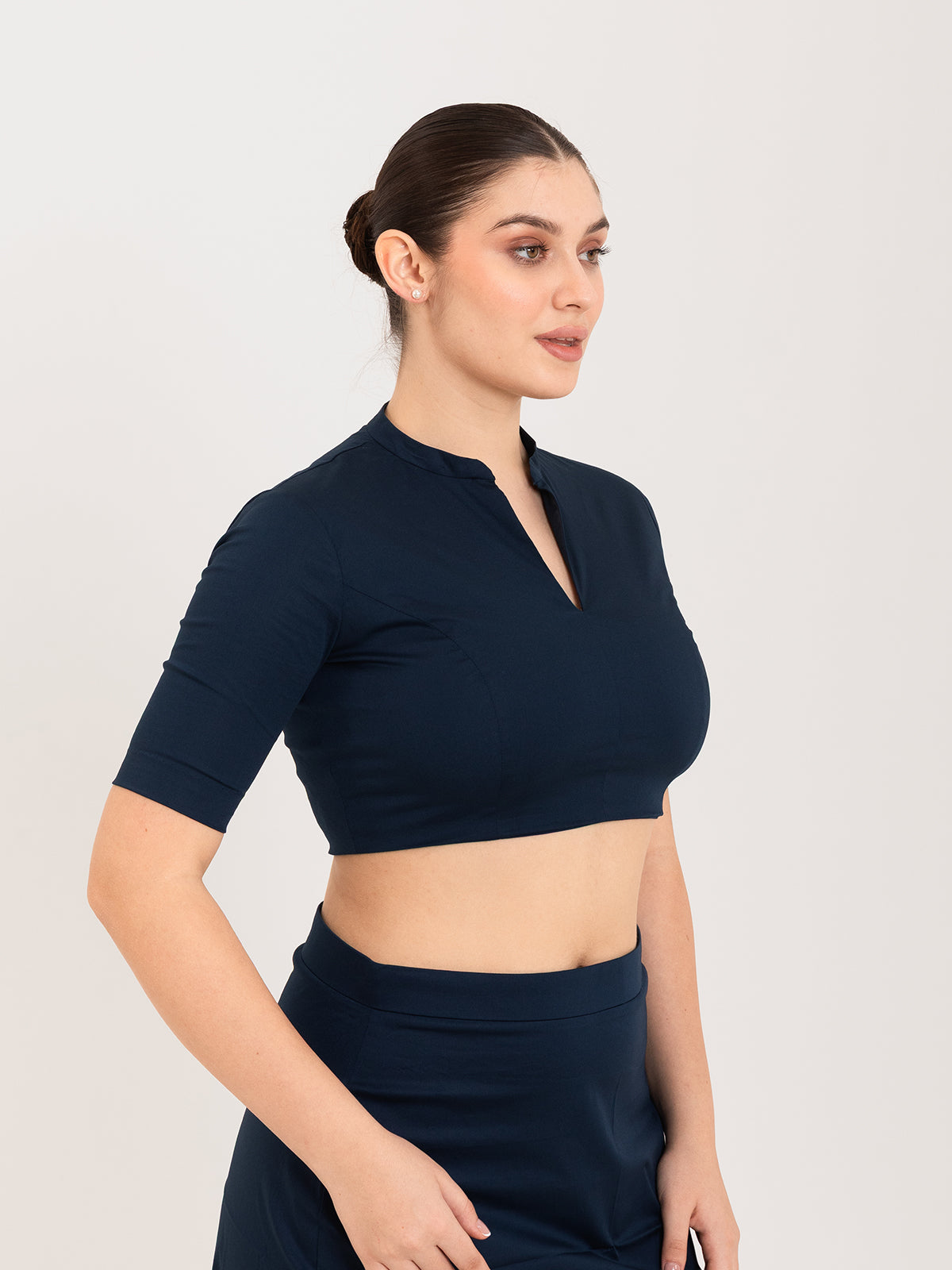 Blue cotton lycra collar neck sleeveless blouse
