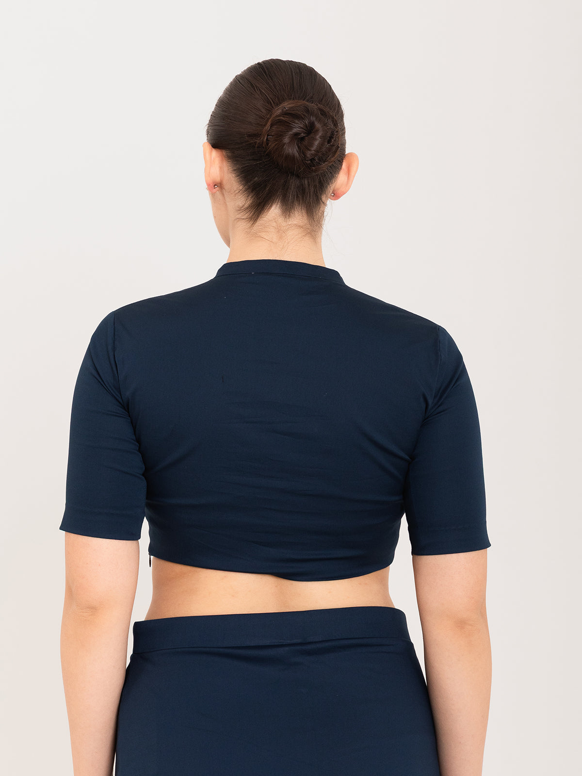 Blue cotton lycra collar neck sleeveless blouse