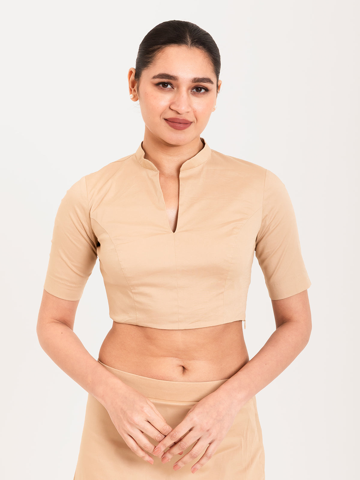 Beige cotton lycra collar neck sleeveless blouse