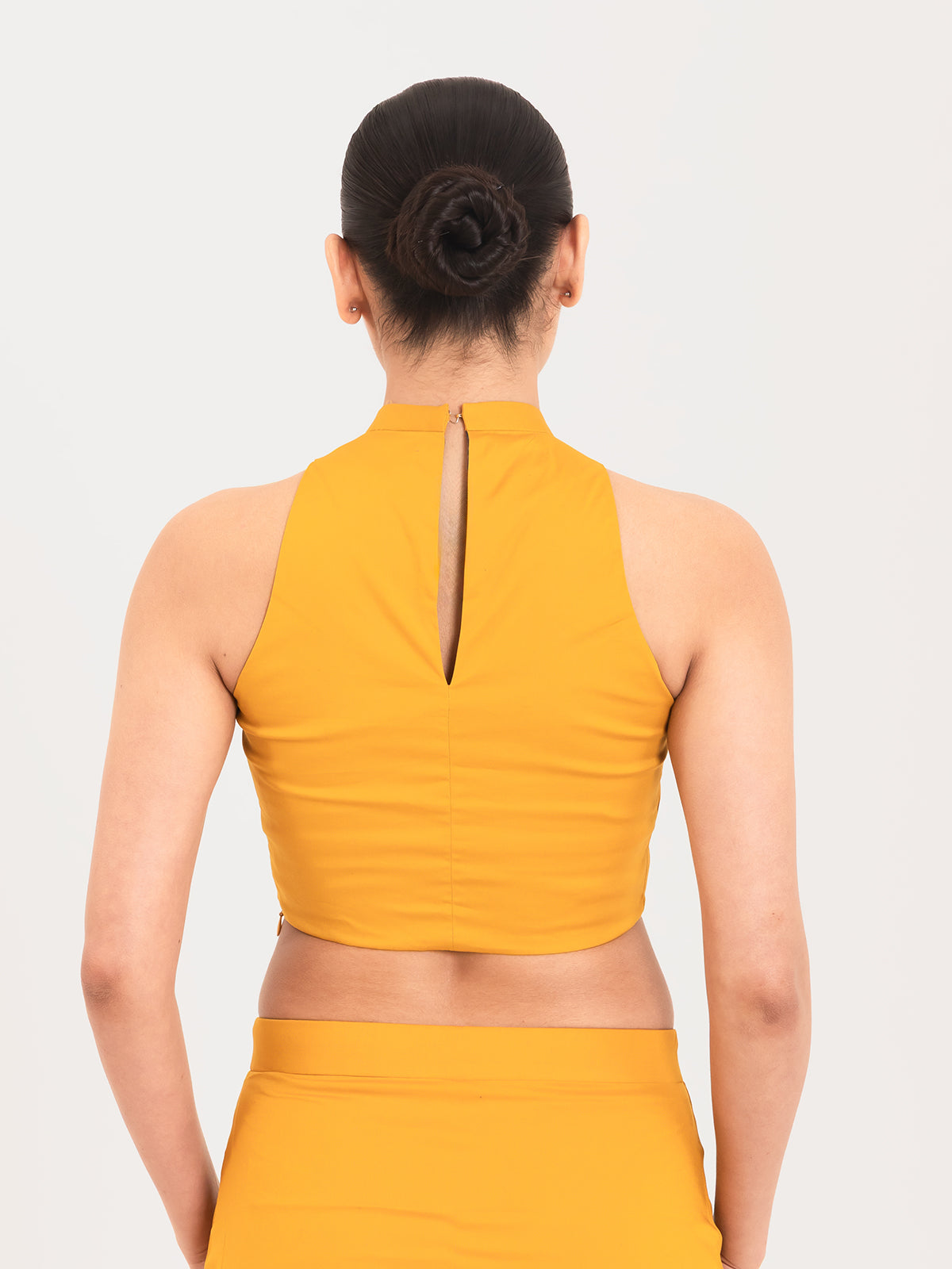Yellow cotton lycra high halter neck sleeveless blouse