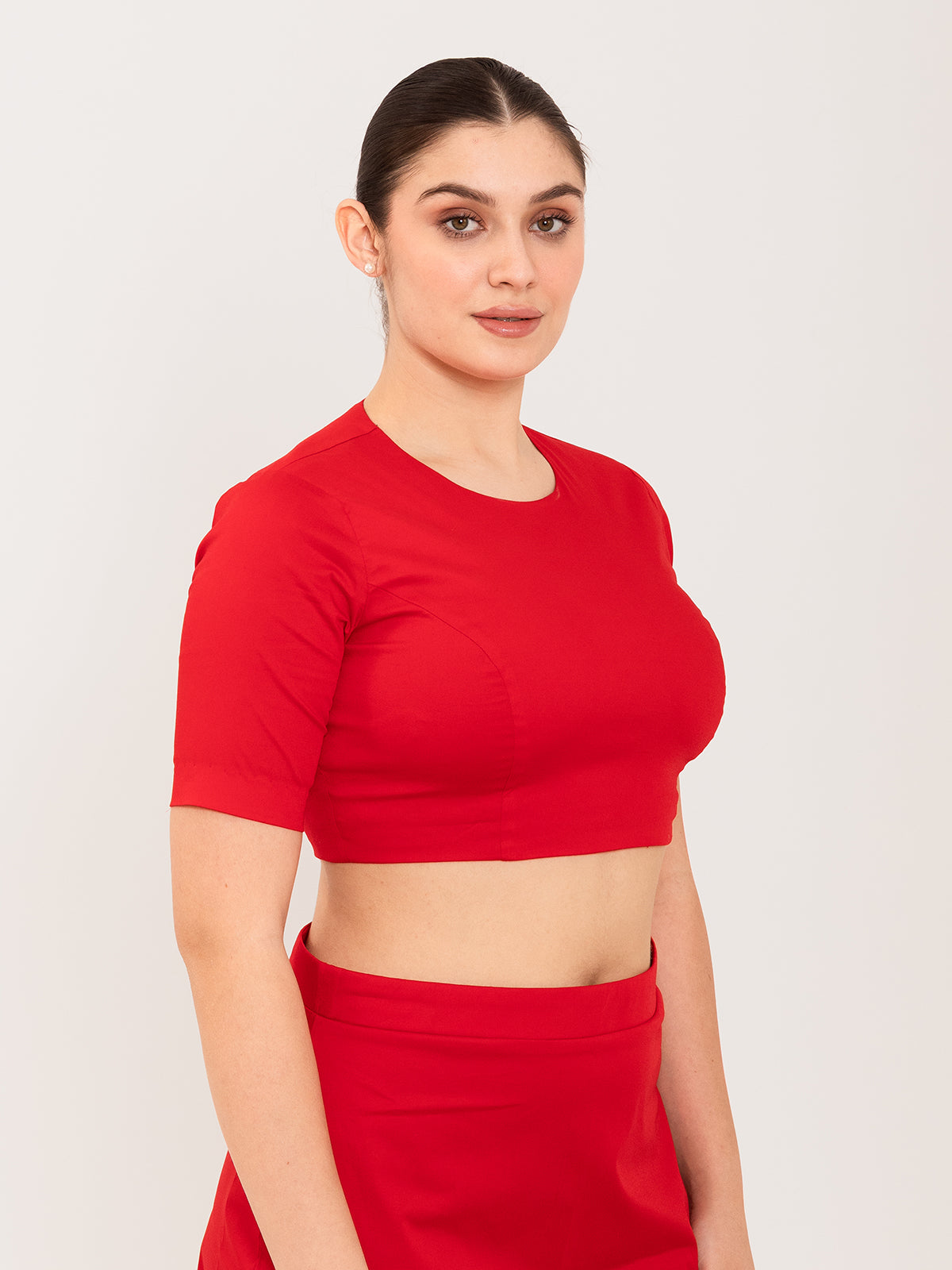 Red cotton lycra round neck sleeveless blouse