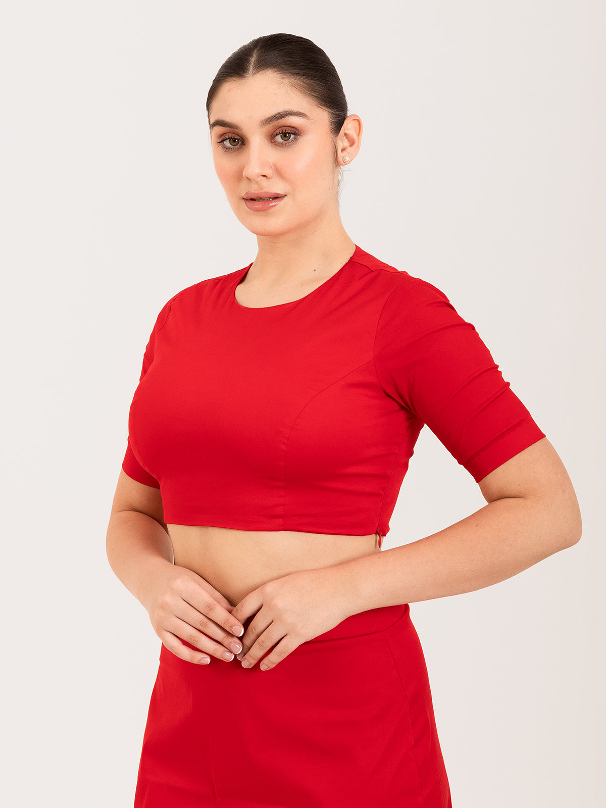 Red cotton lycra round neck sleeveless blouse