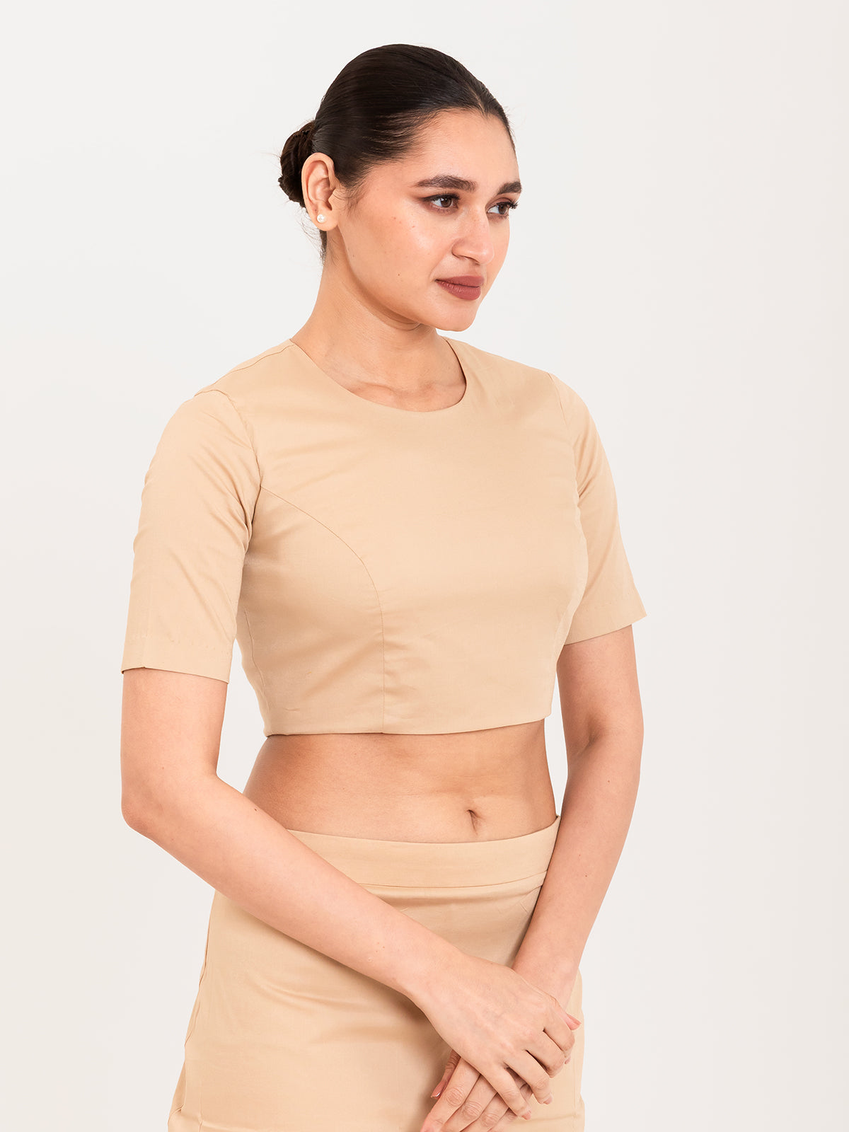 Beige cotton lycra round neck half sleeves blouse