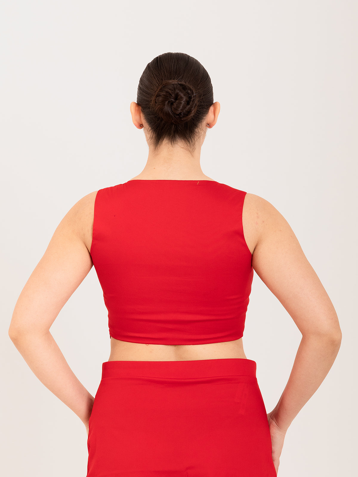 Red cotton lycra sweetheart neck sleeveless blouse