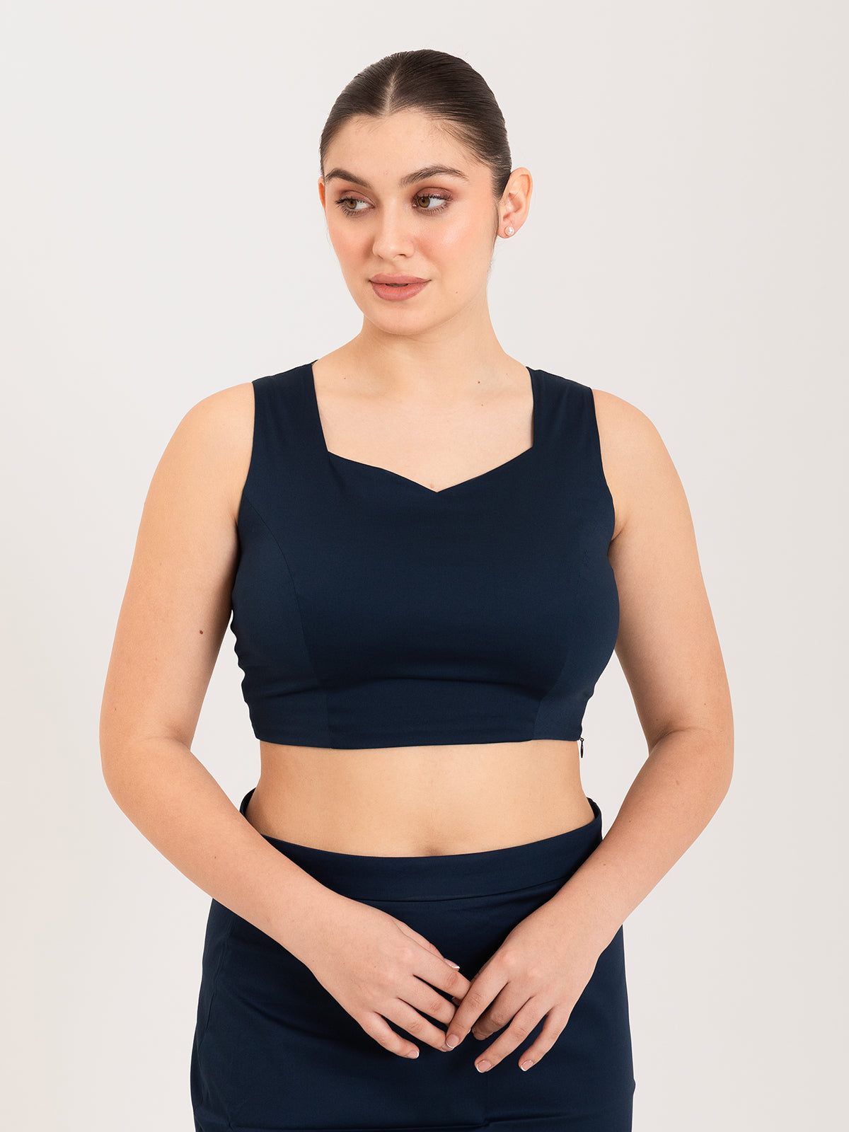 Blue cotton lycra sweetheart neck sleeveless blouse