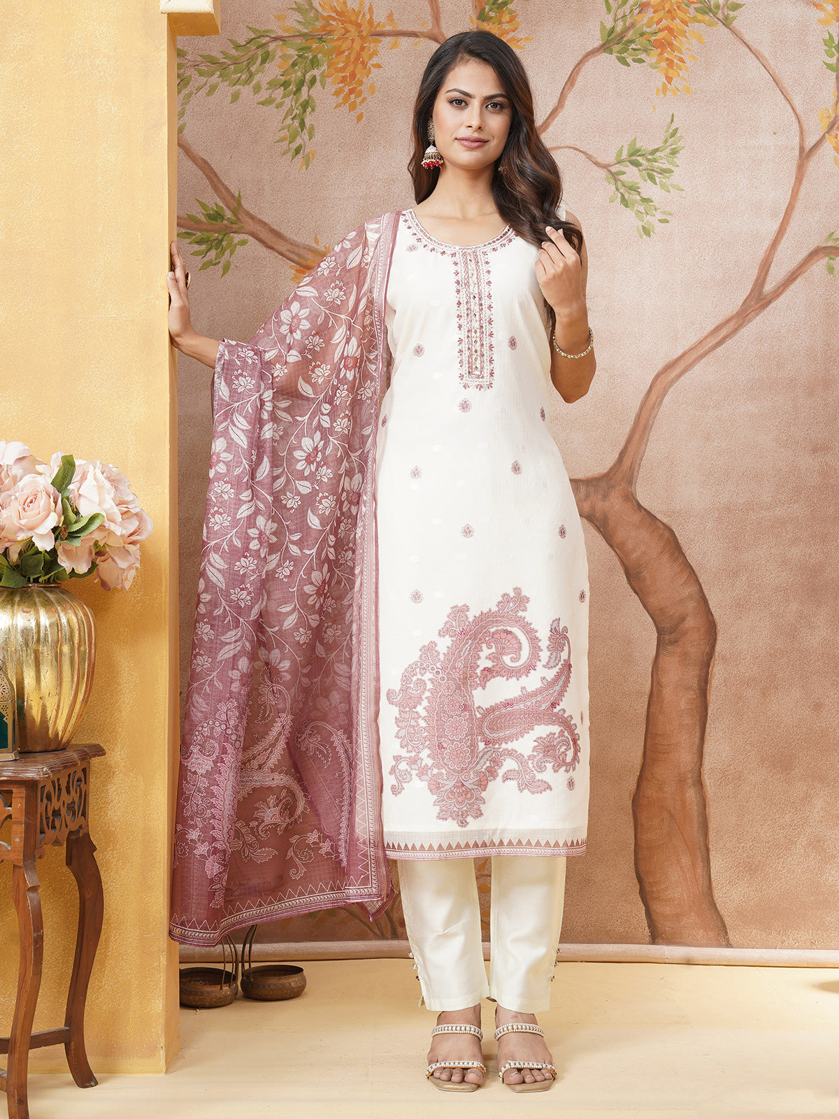 Off white and onion pink printed silk salwar suit