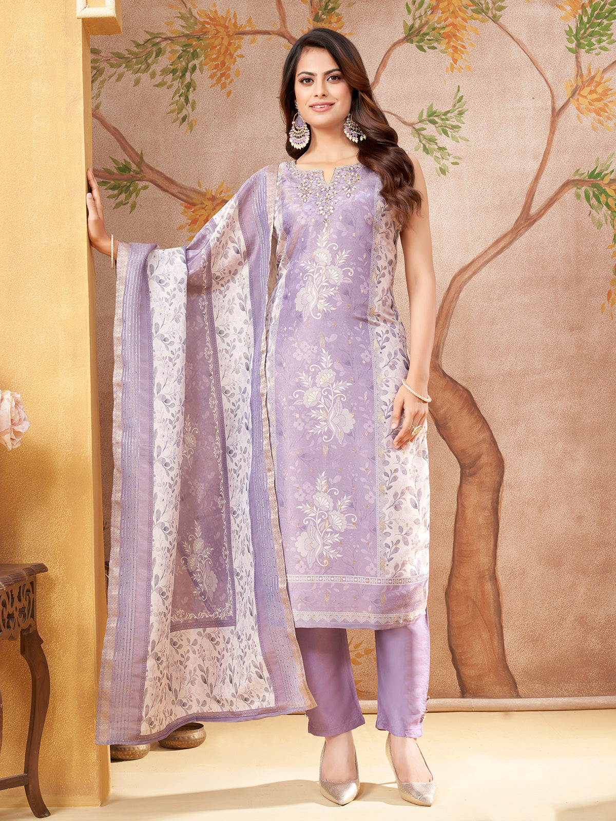 Lilac purple straight cut floral silk salwar suit