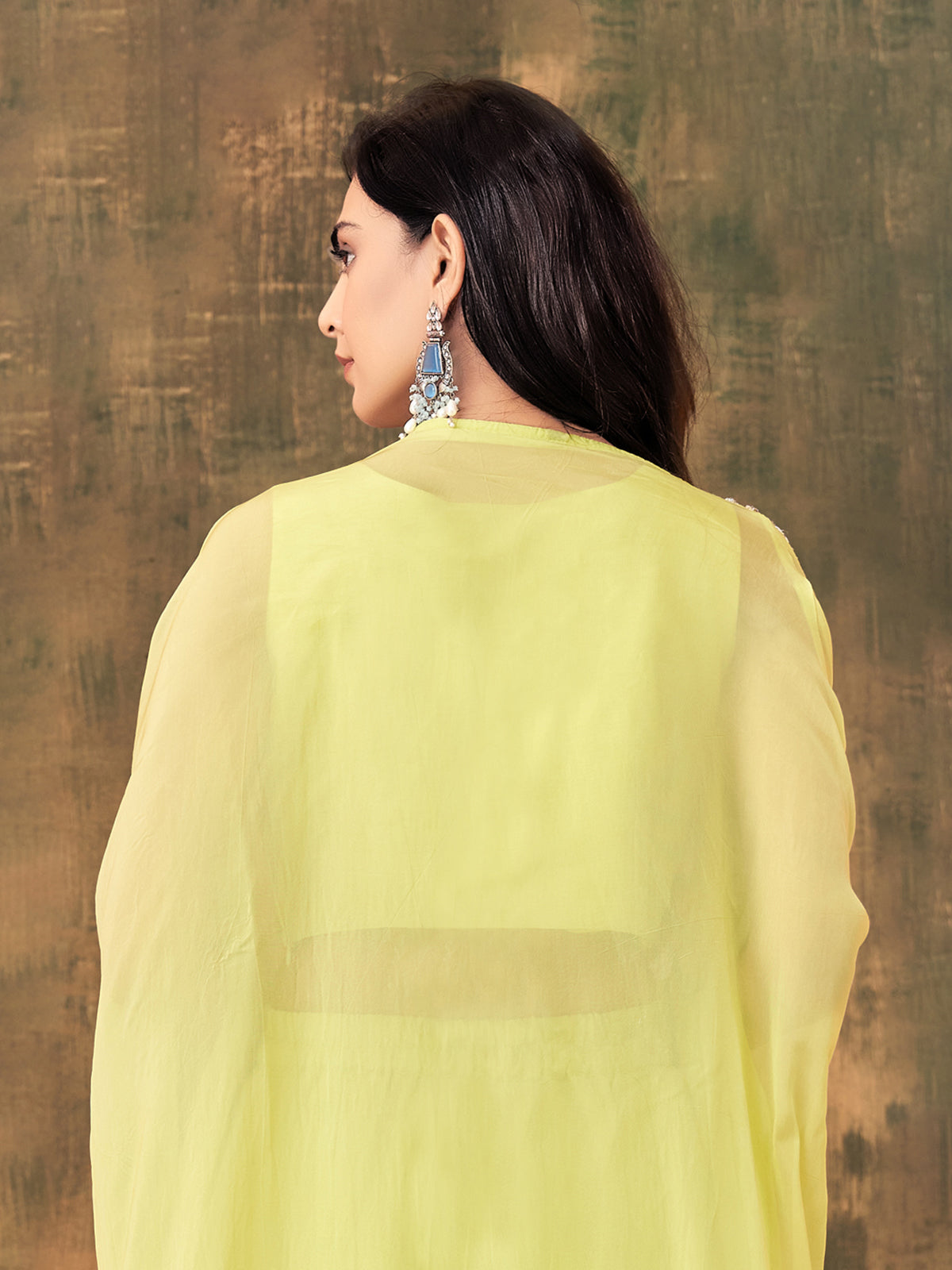 Bright yellow georgette designer lehenga choli with shrug
