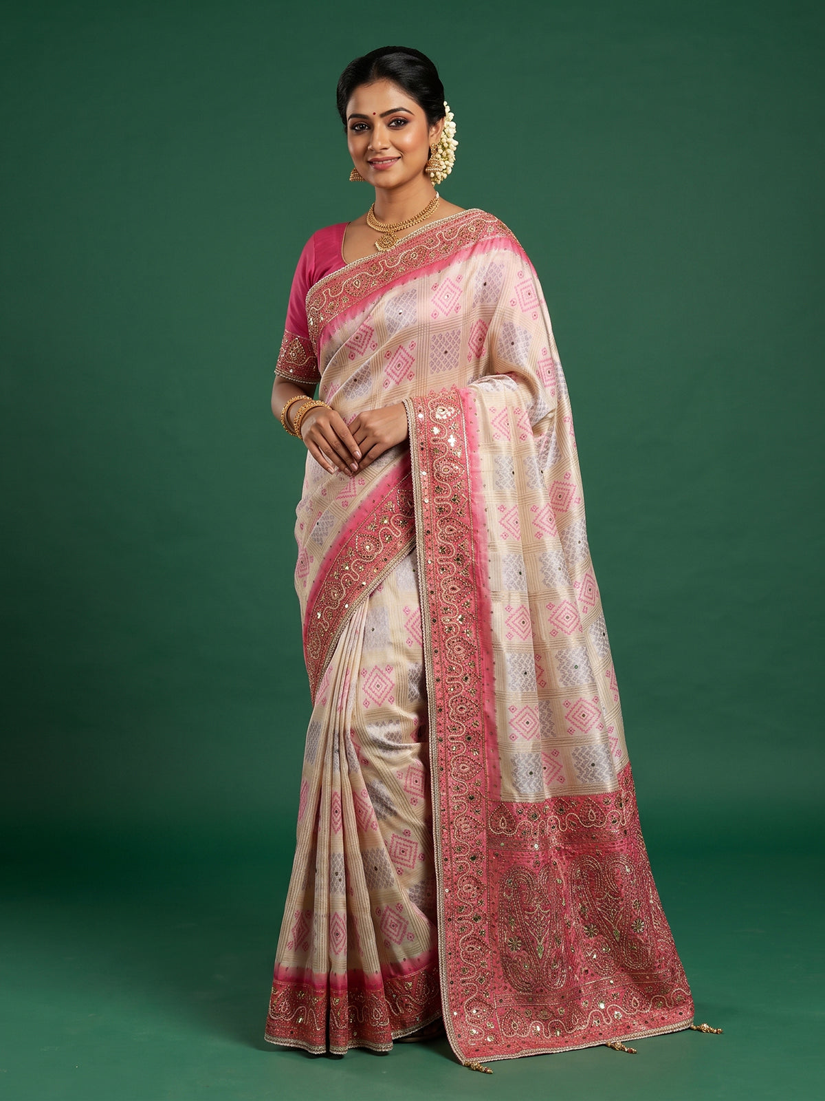 Cream art silk saree with festive printed border