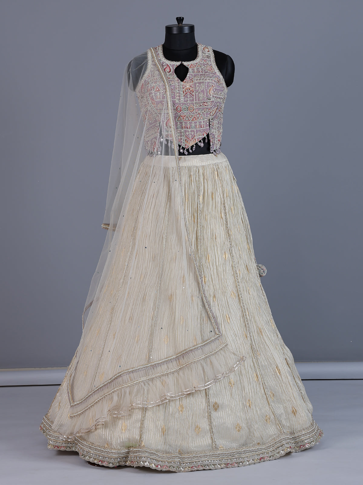 Purple cream chiffon designer lehenga choli with dupatta