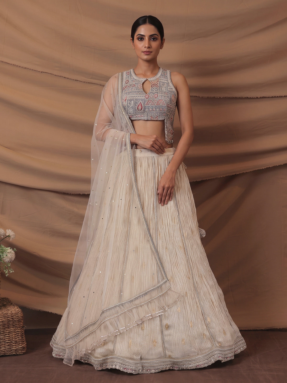 Grey cream chiffon designer lehenga choli ensemble