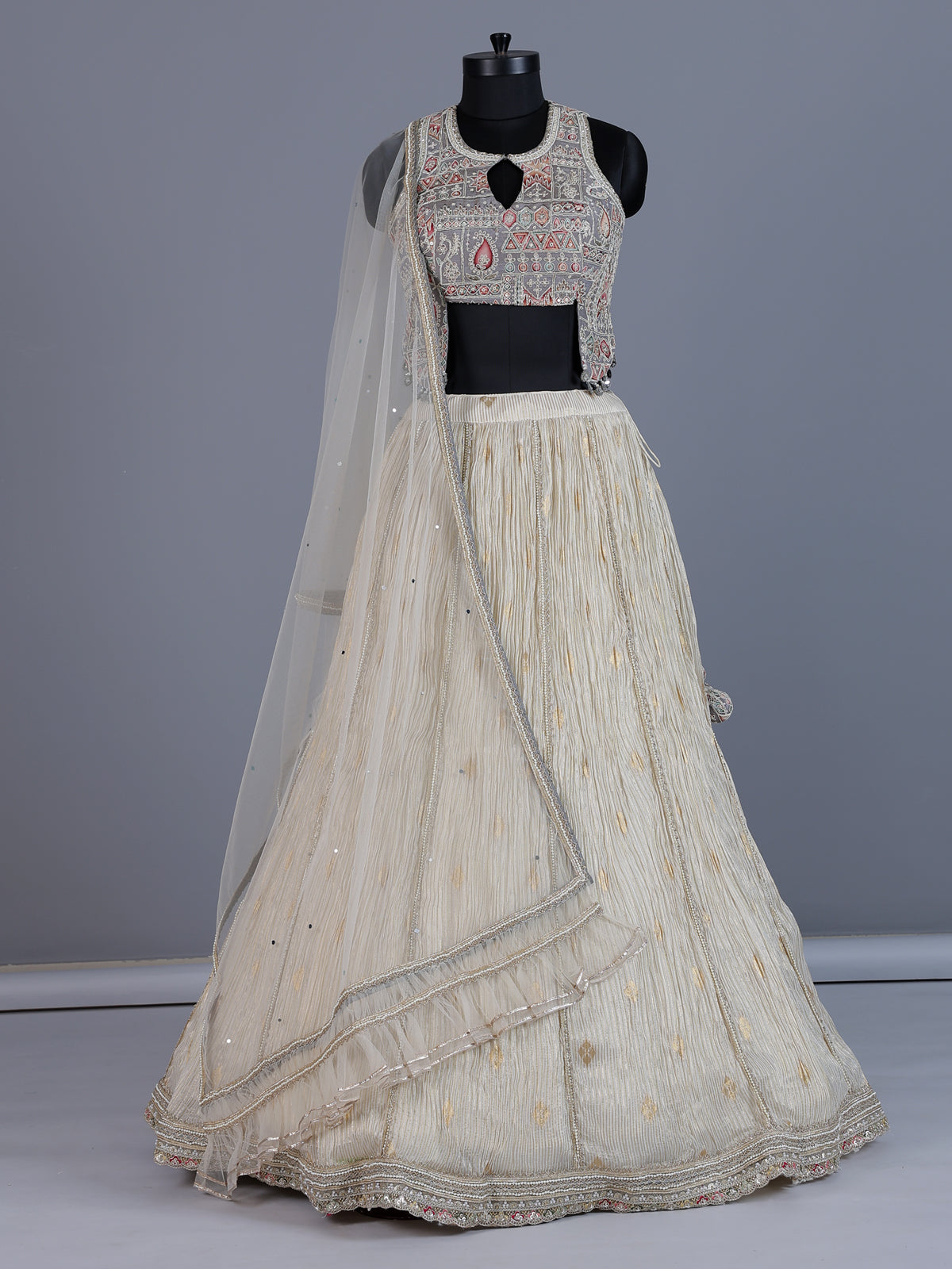 Grey cream chiffon designer lehenga choli ensemble