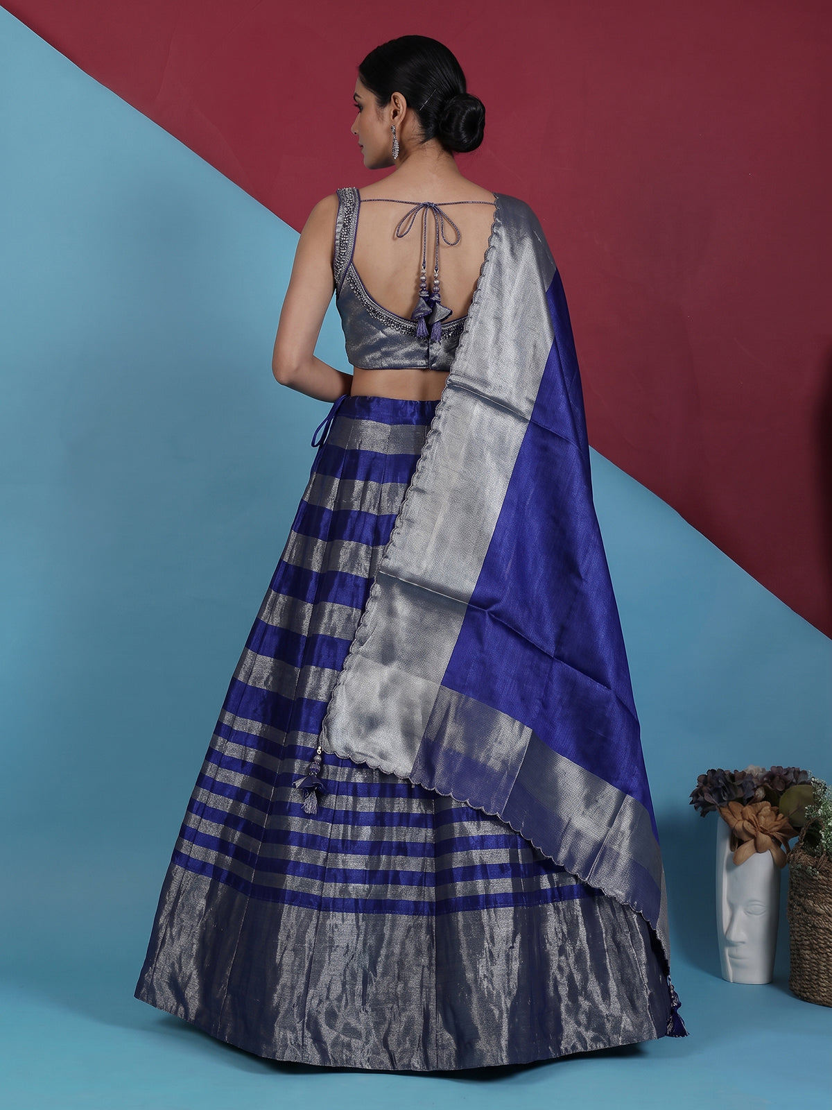 Silver blue silk embellished lehenga choli with dupatta