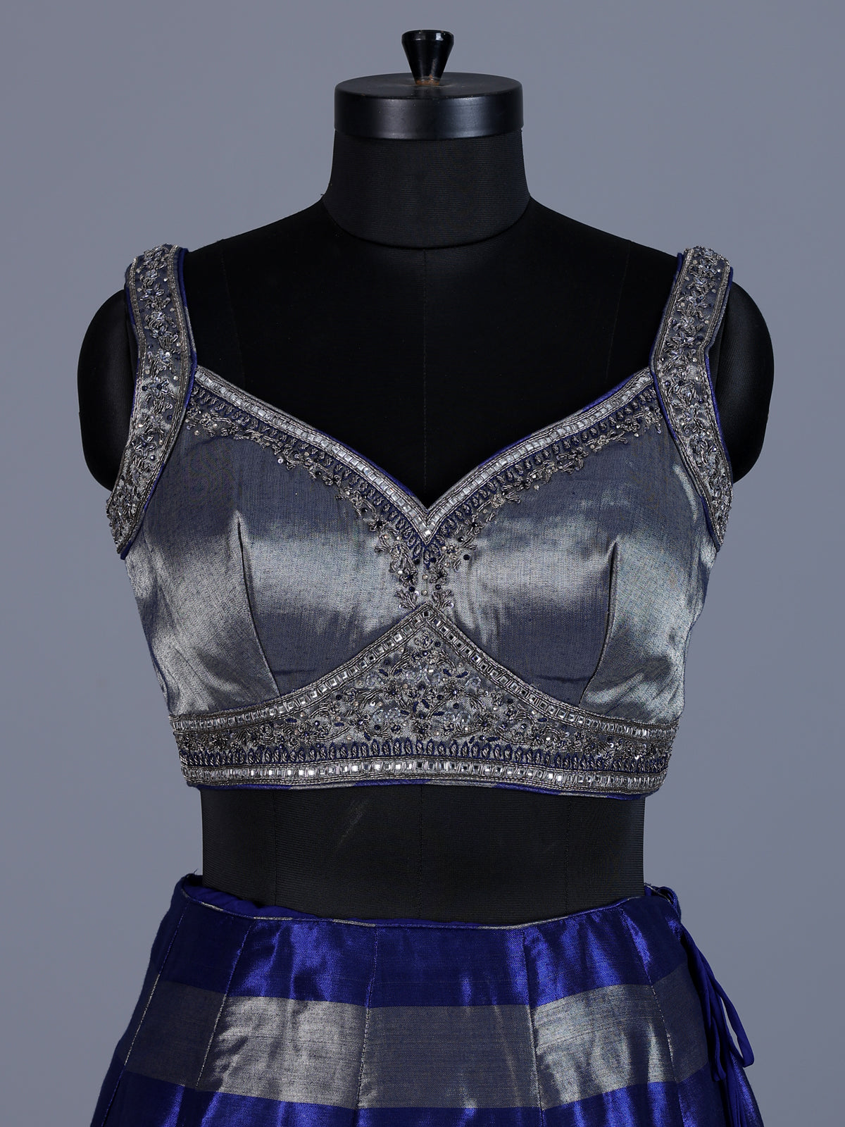 Silver blue silk embellished lehenga choli with dupatta