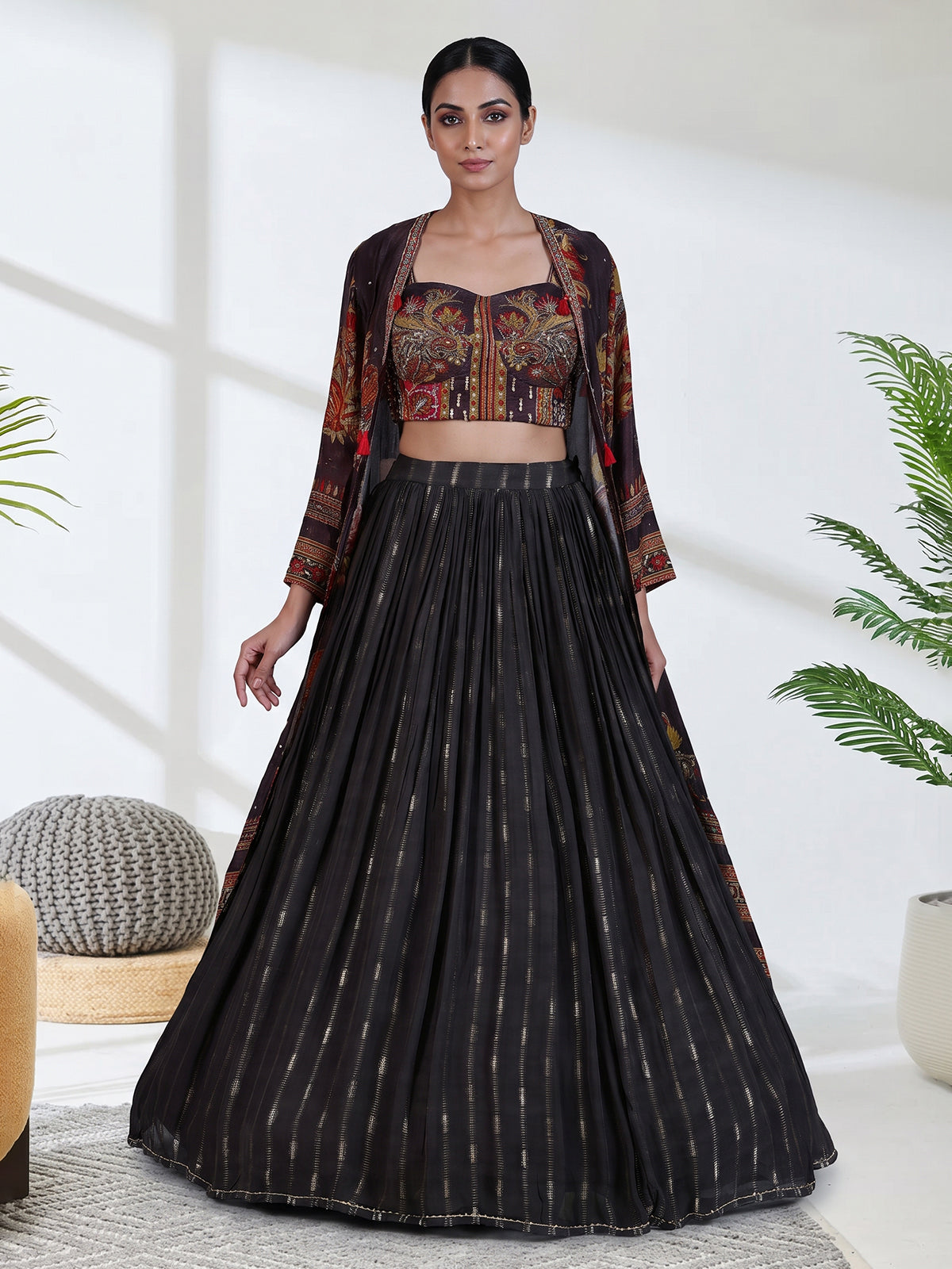 Brown silk long jacket style lehenga choli