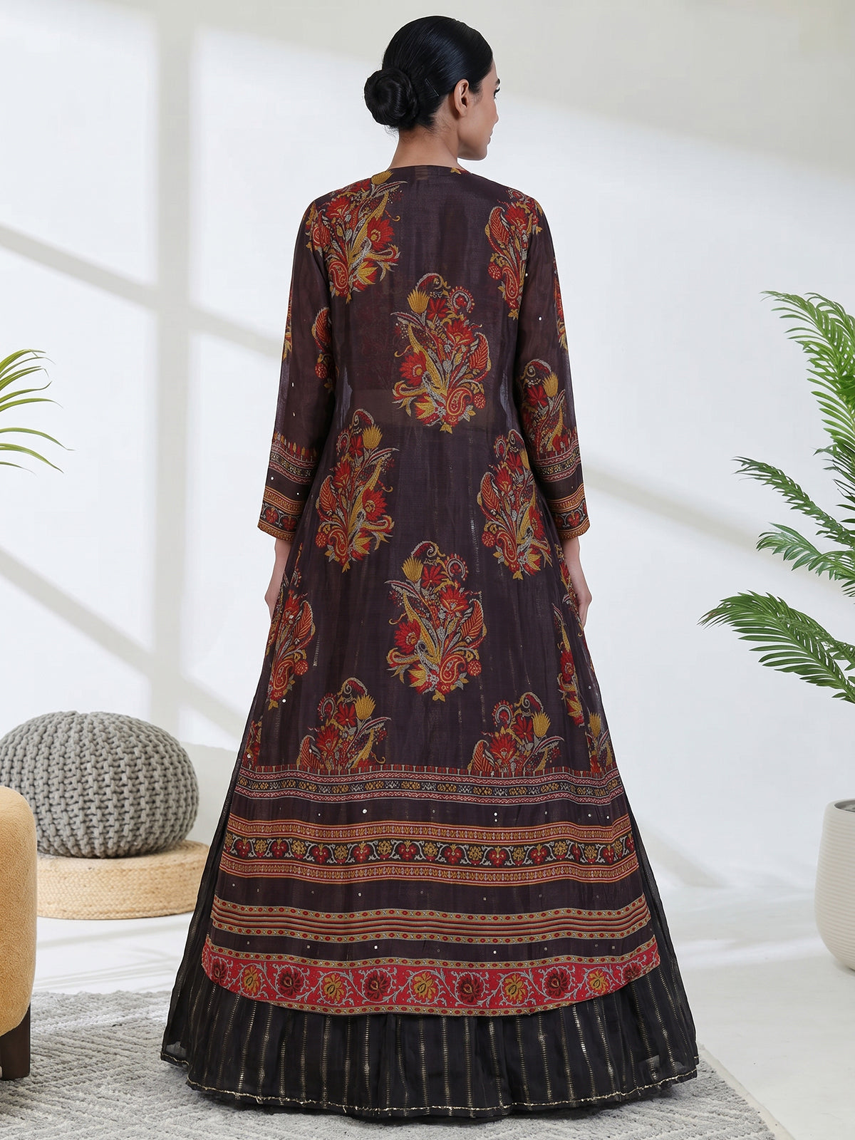 Brown silk long jacket style lehenga choli