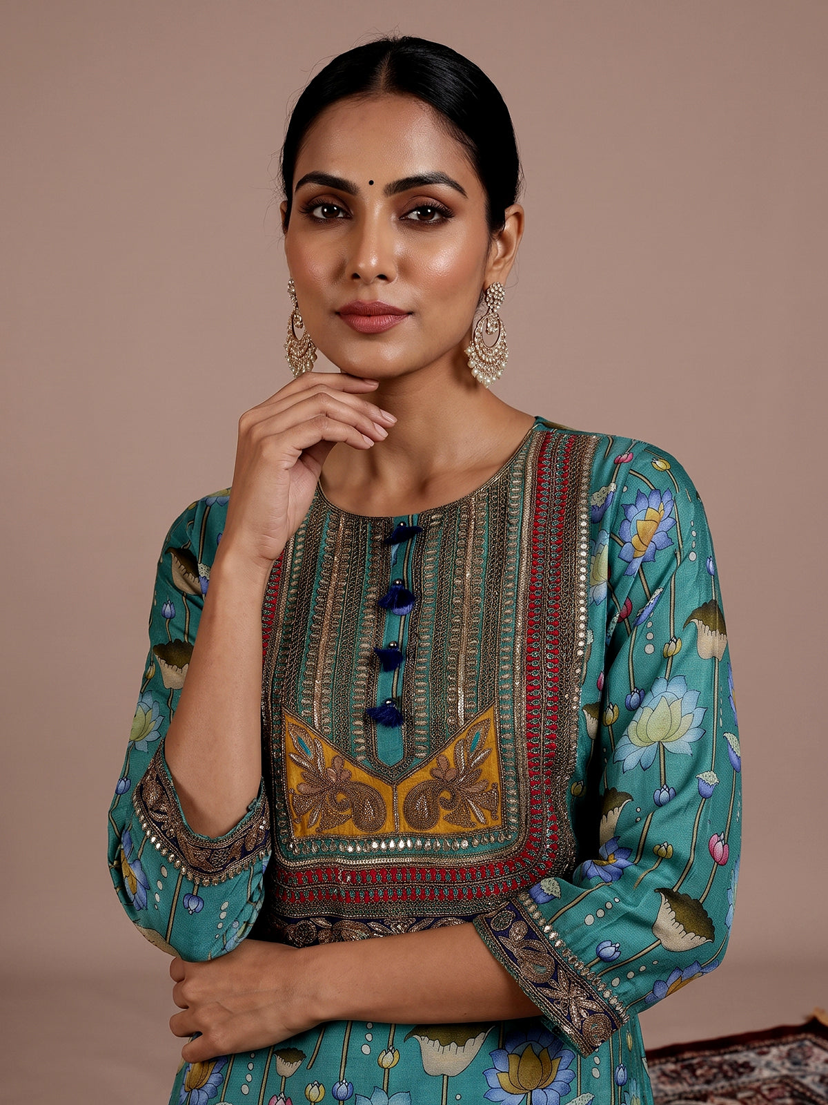 Green printed muslin silk pant suit