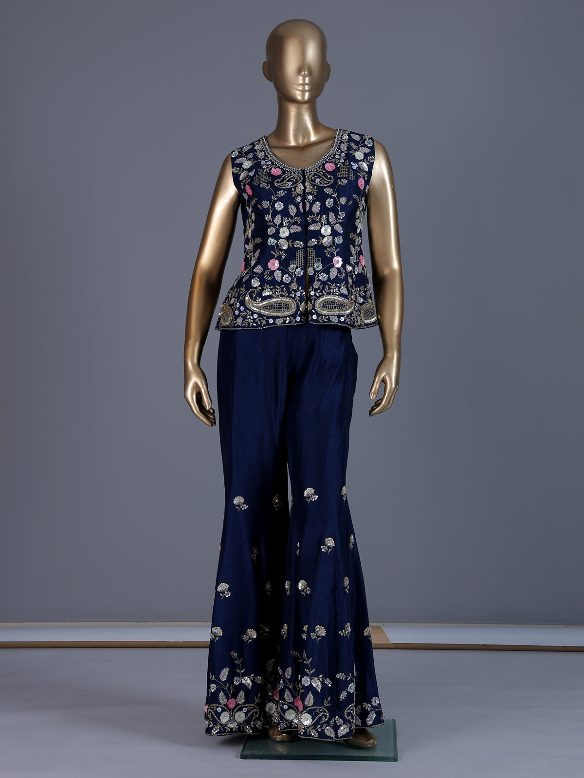 Navy blue embroidered silk sharara suit