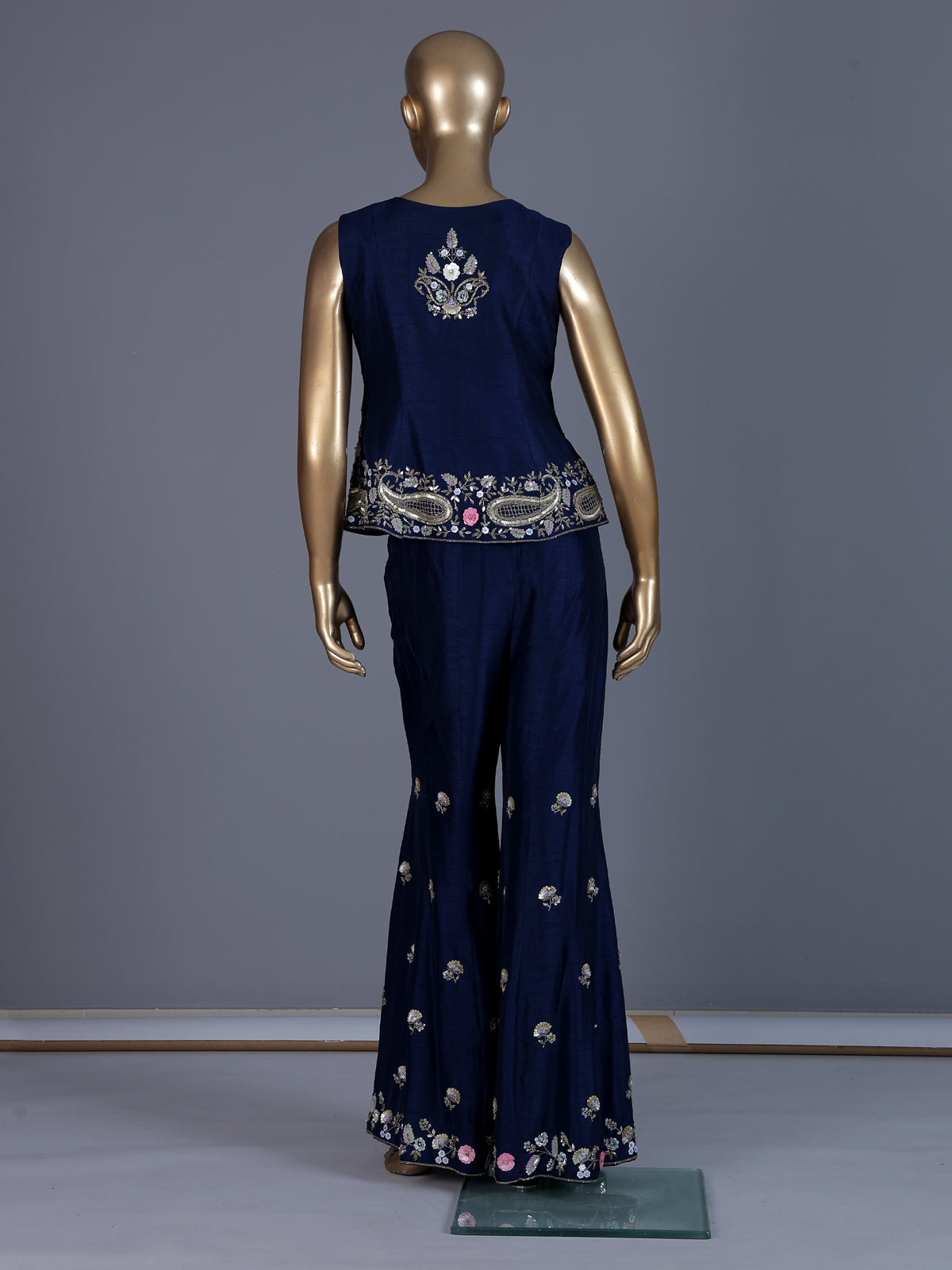 Navy blue embroidered silk sharara suit