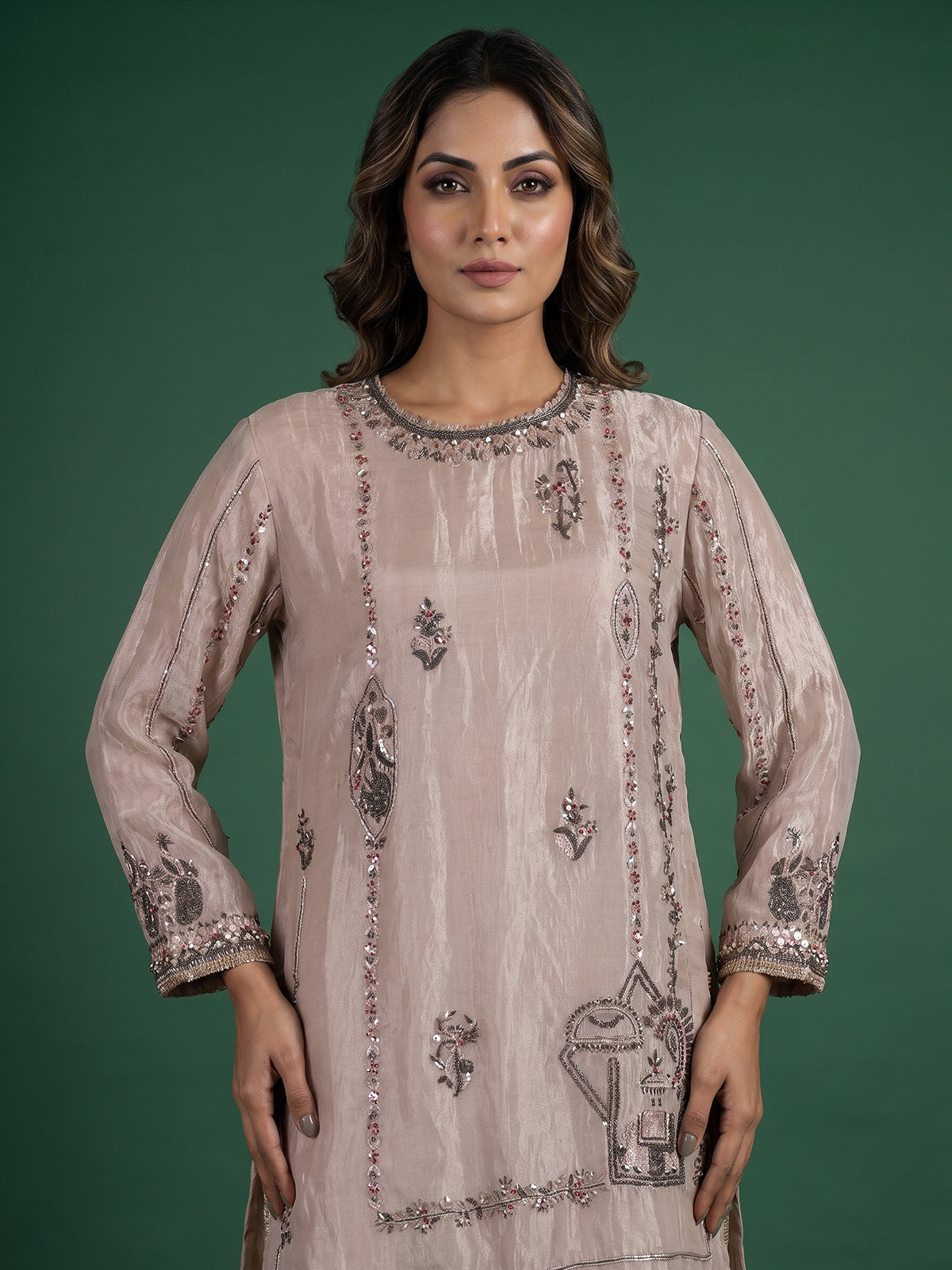 Beige designer shimmer silk sharara suit