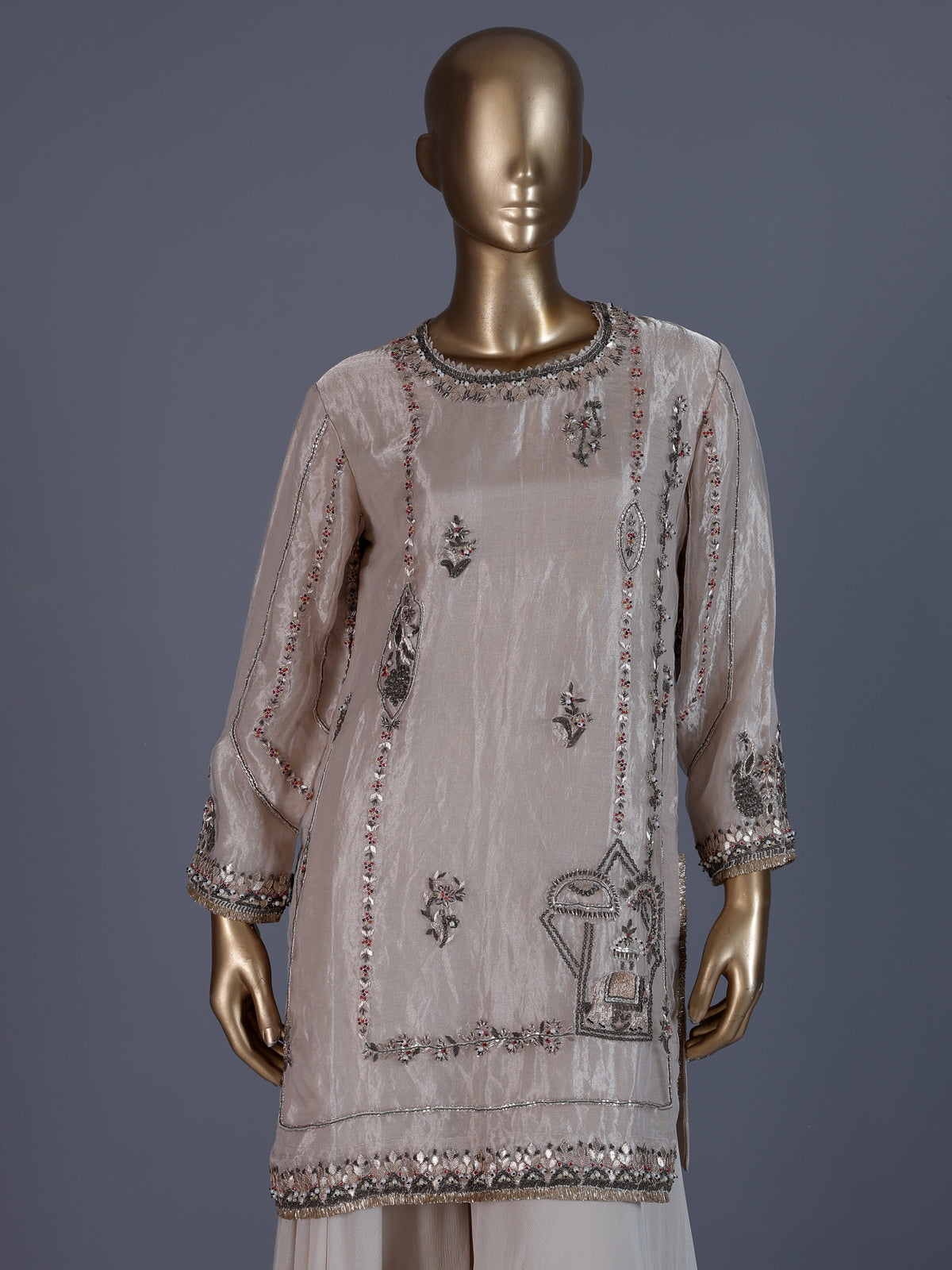 Beige designer shimmer silk sharara suit
