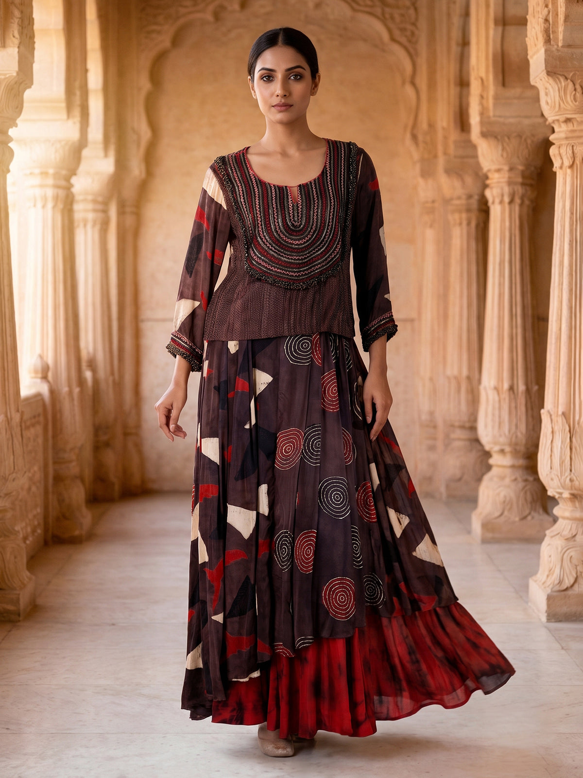 Brown printed designer maxi skirt suit