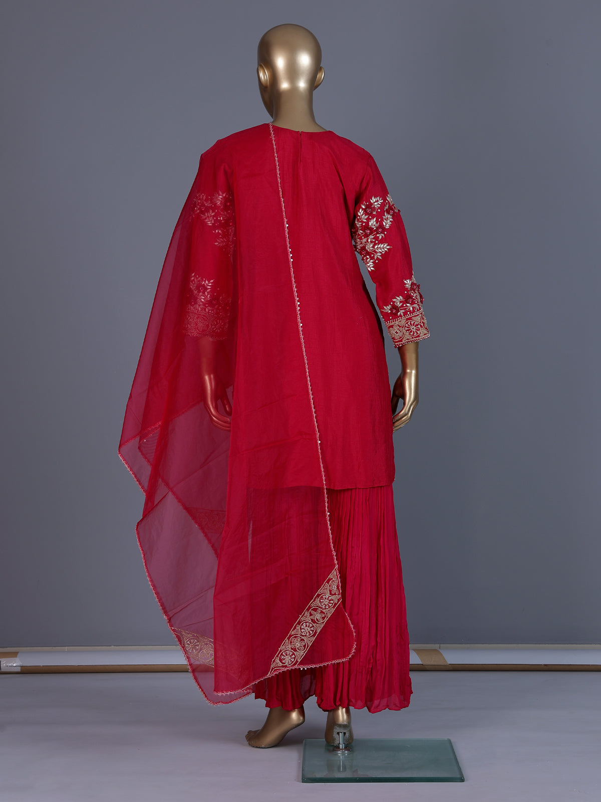 Red embroidered silk sharara suit with dupatta