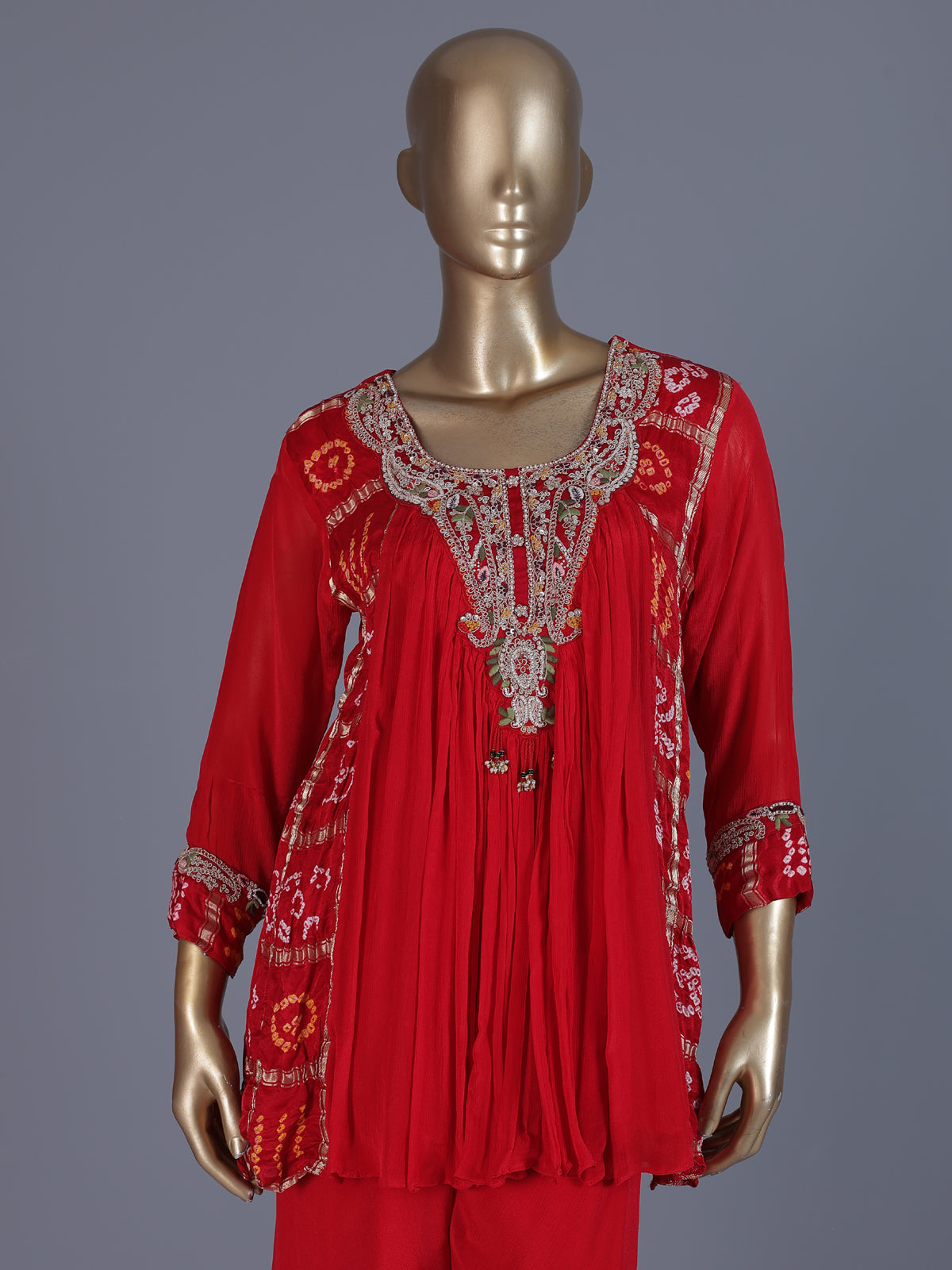 Red printed georgette silk palazzo suit