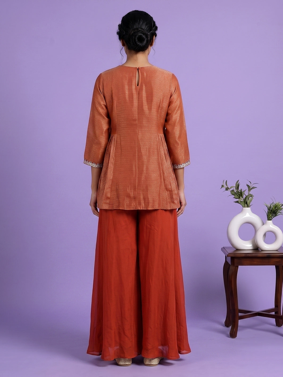 Rust orange designer silk sharara suit