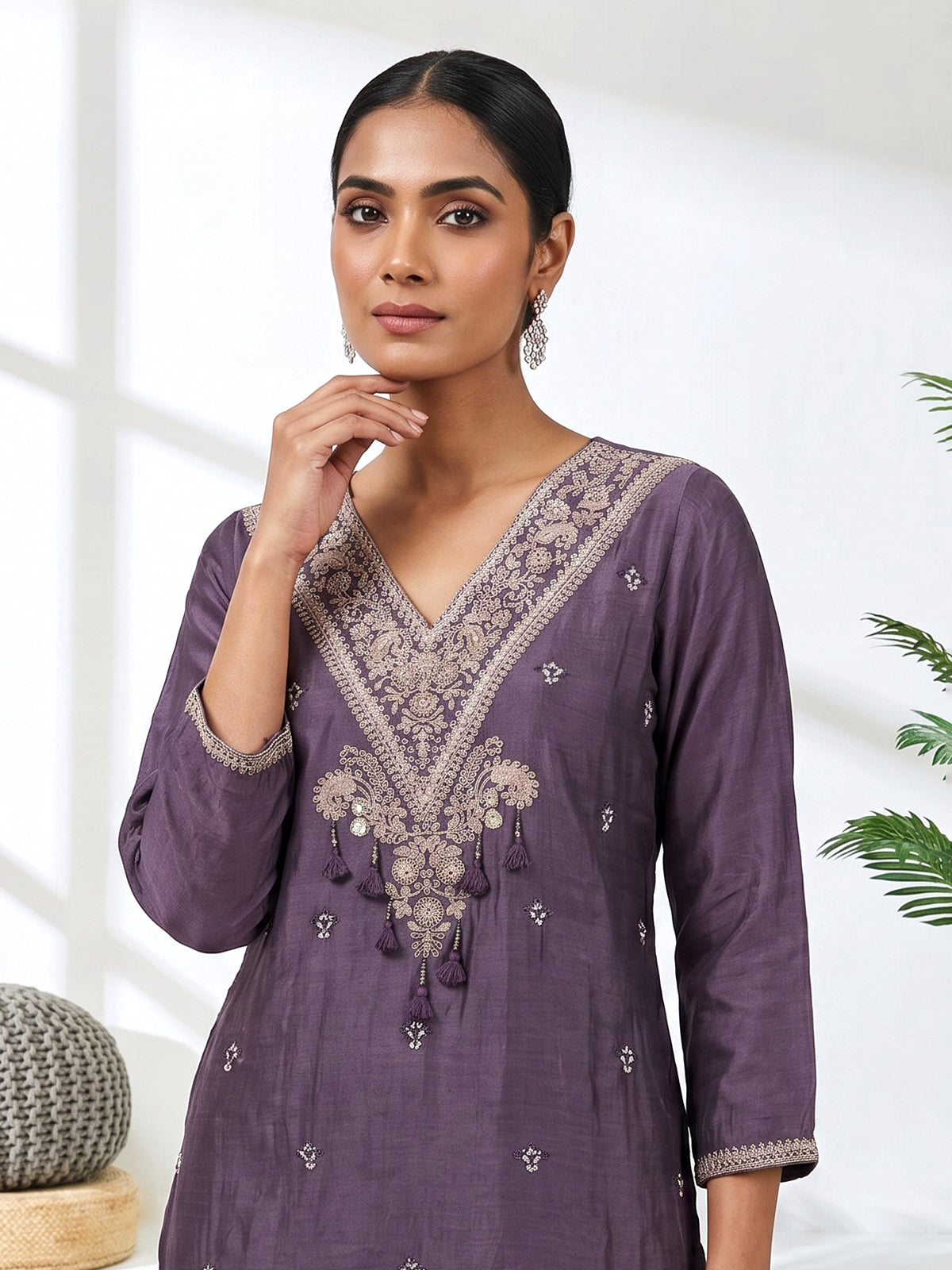 Dusty purple embroidered chanderi silk pant suit