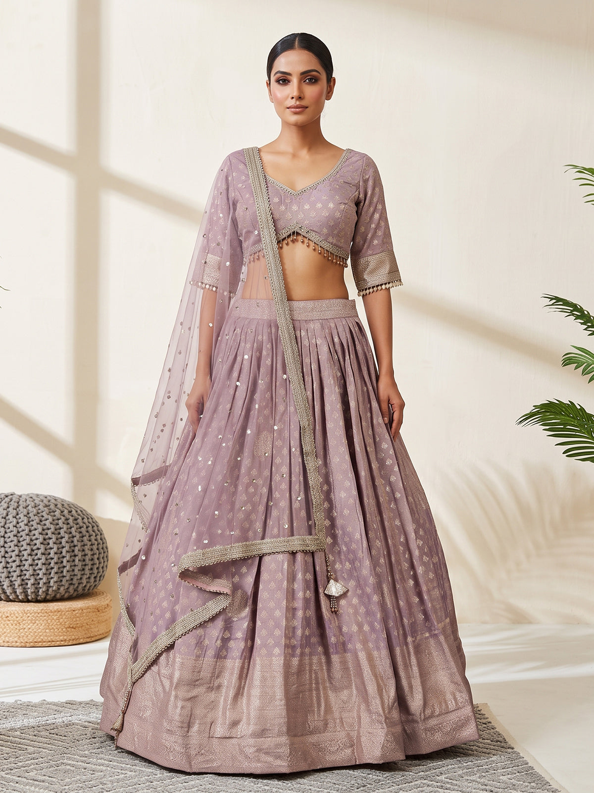 Lavender purple Banarasi silk lehenga choli with dupatta elegance