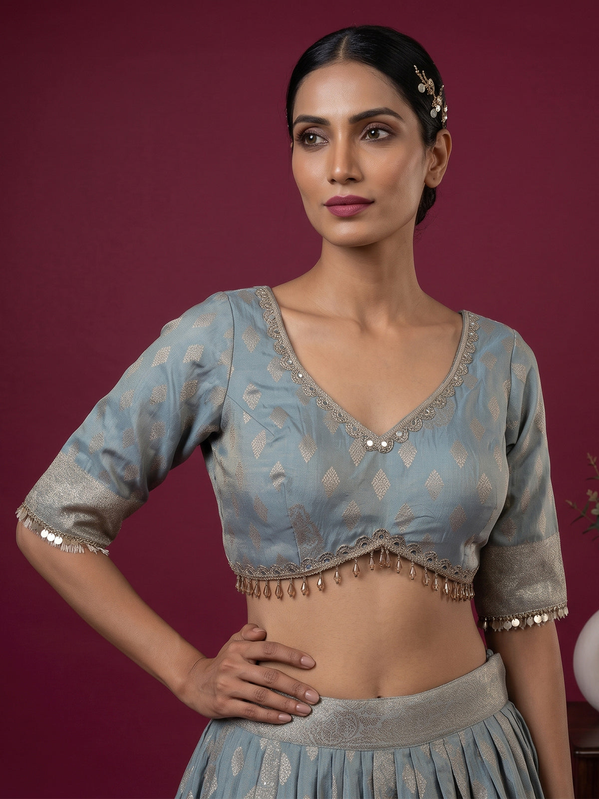 Sky blue Banarasi silk lehenga choli with elegant dupatta