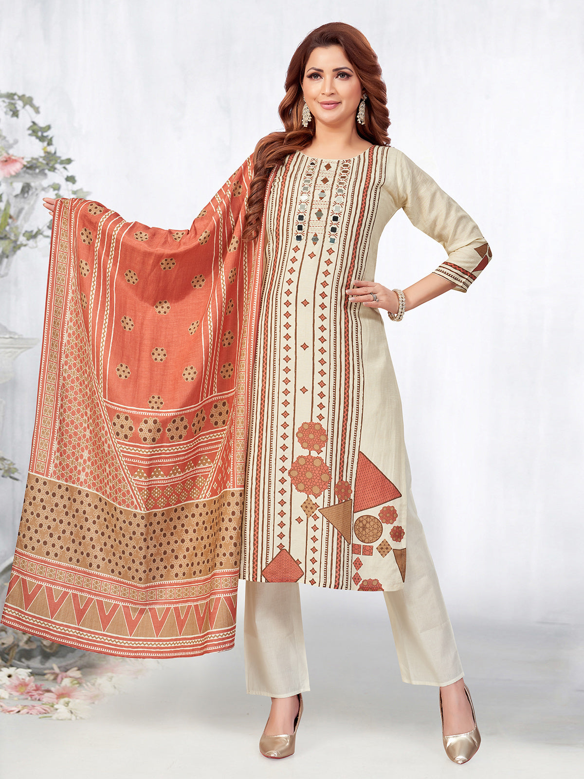 Beige and peach silk printed straight cut salwar suit