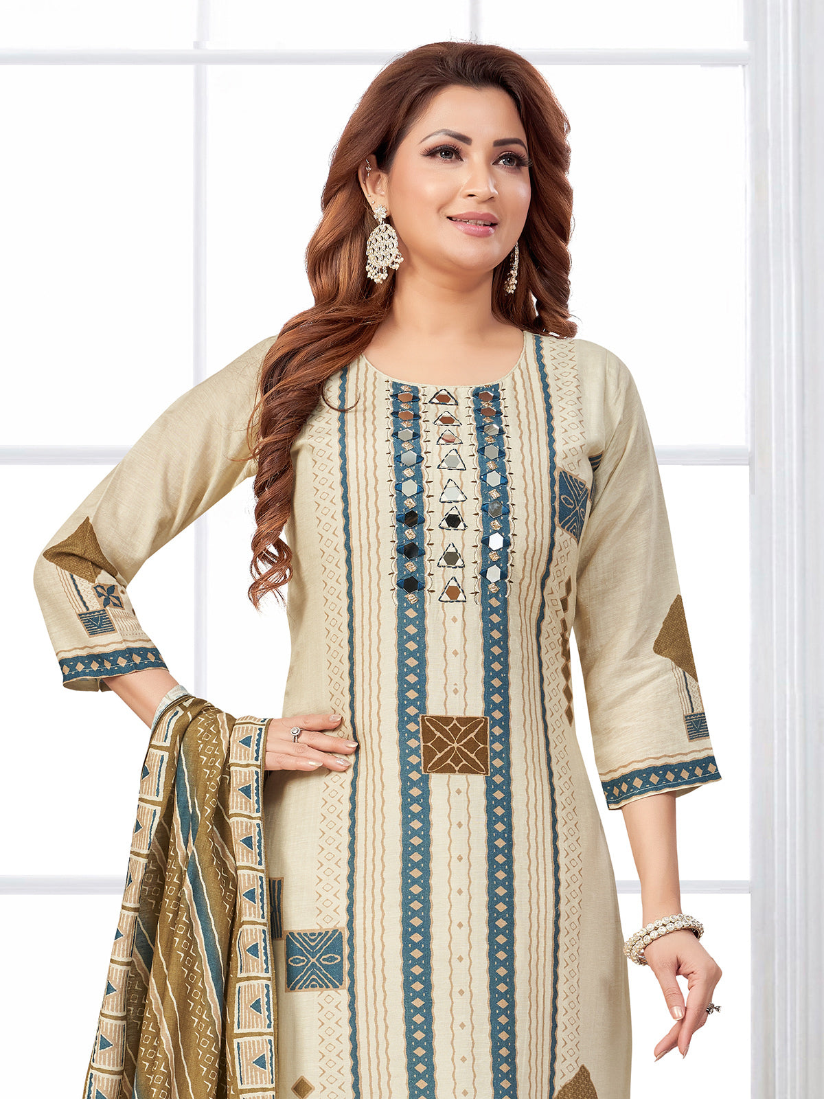 Beige and olive silk printed straight cut salwar suit