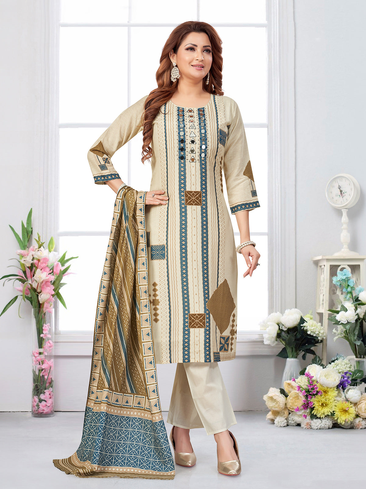 Beige and olive silk printed straight cut salwar suit