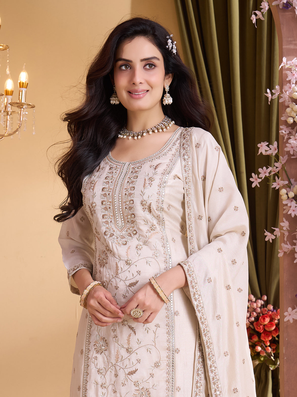 Off white silk straight cut salwar suit