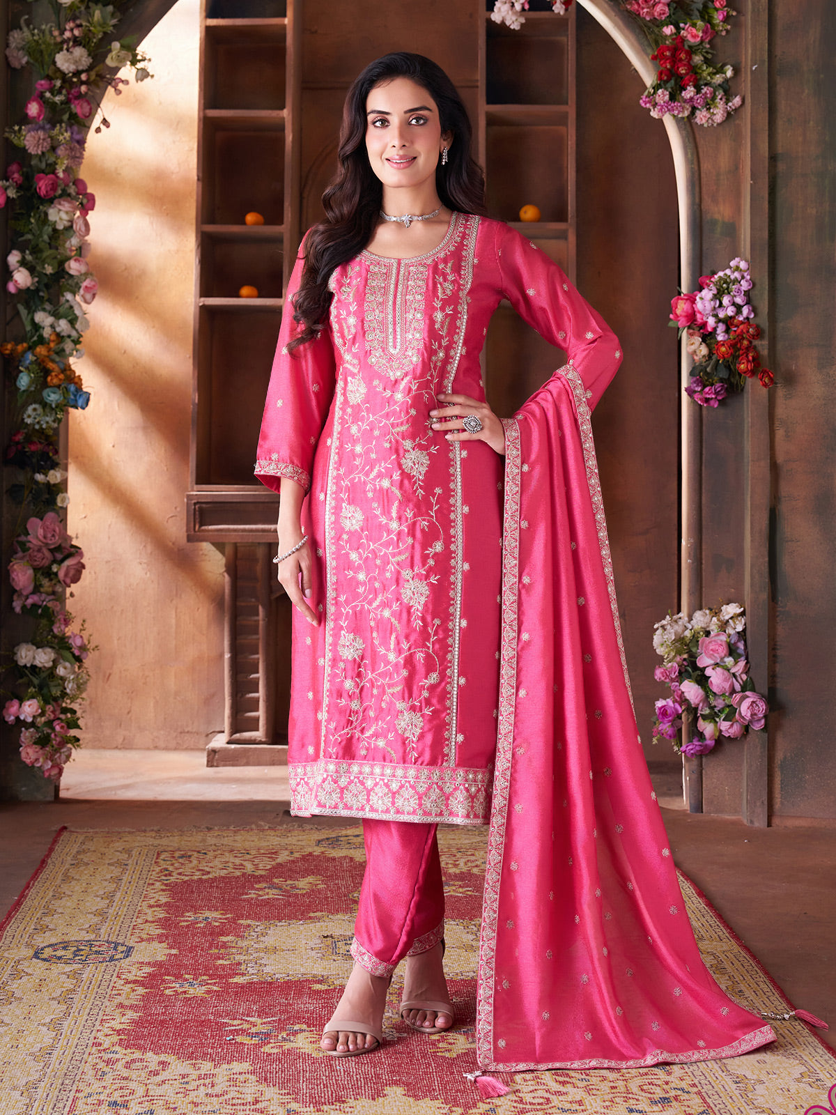 Rani pink silk salwar suit in straight cut