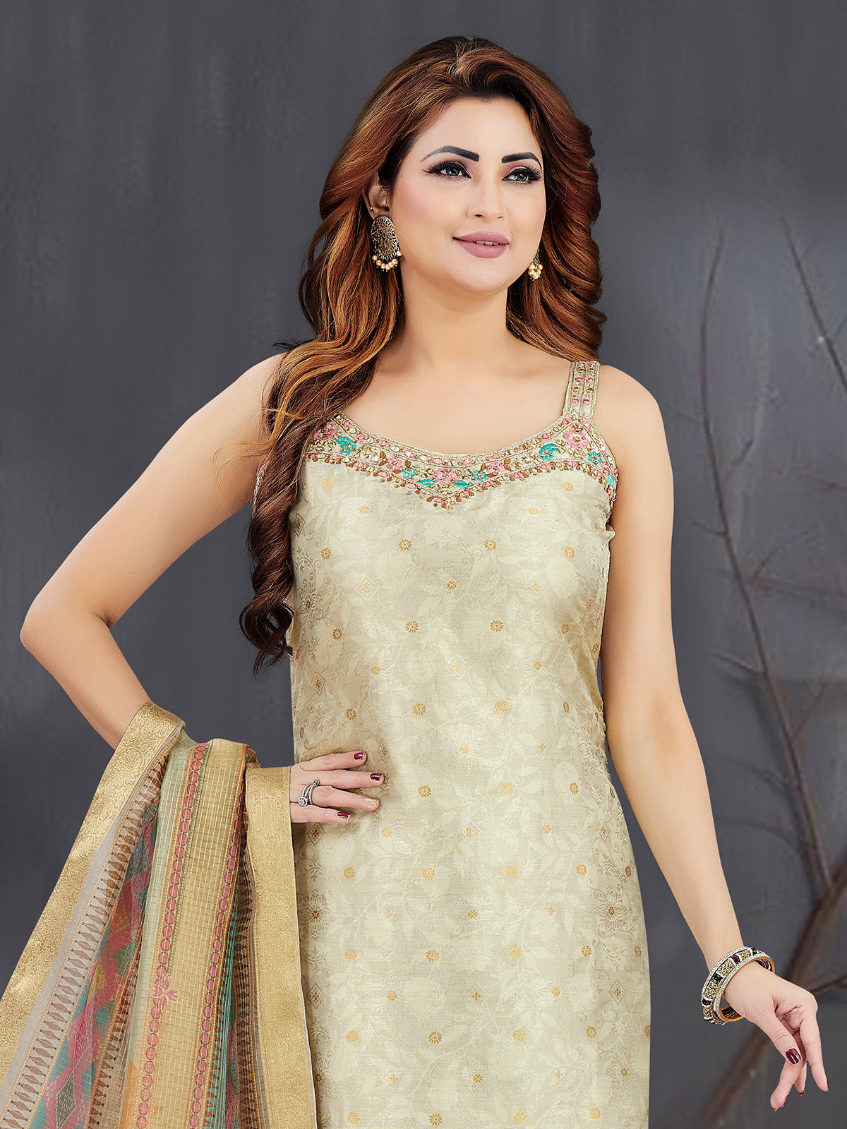 Beige silk straight cut salwar suit with dupatta