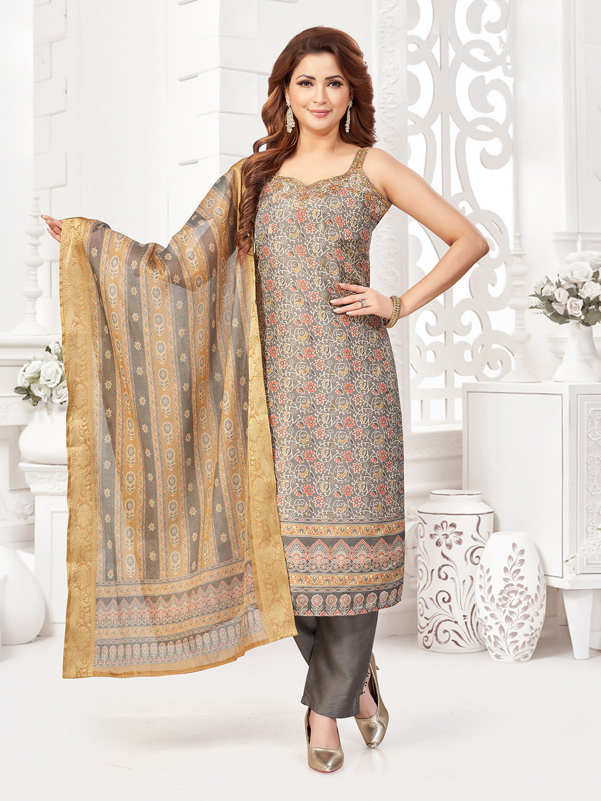 Grey printed silk straight cut salwar suit