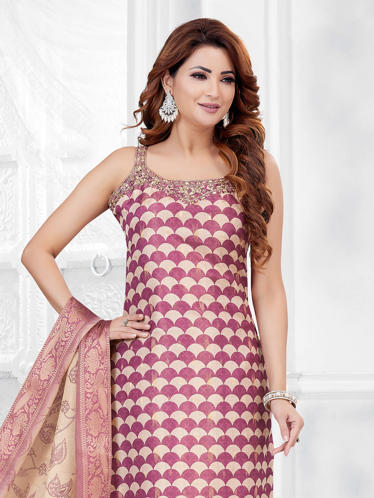 Wine floral printed silk straight cut salwar suit