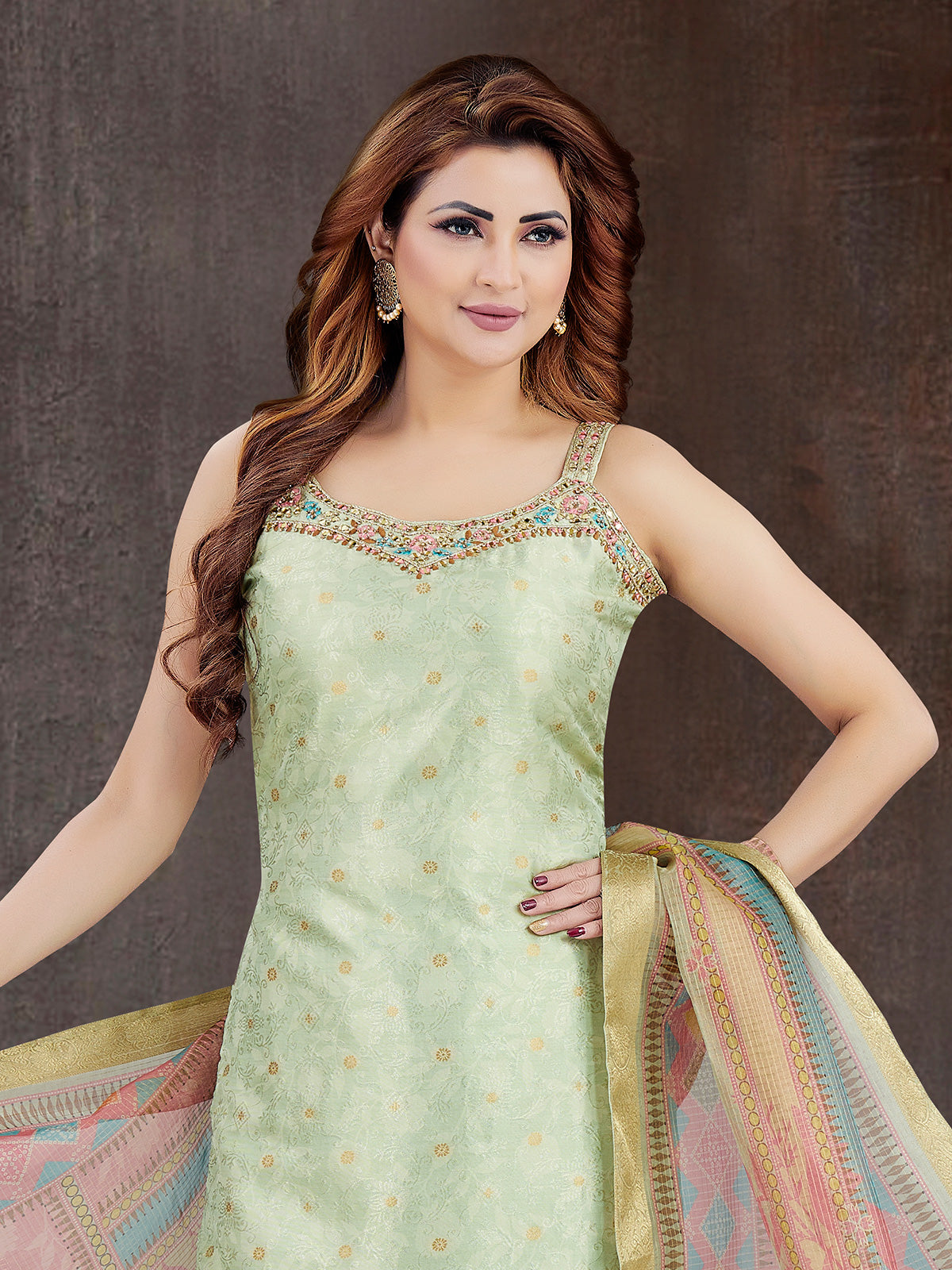 Pista green silk straight cut festive wear salwar suit