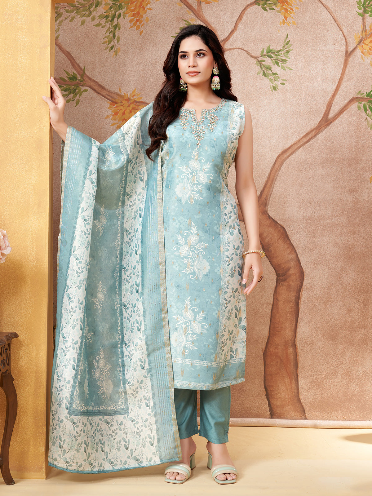 Pastel blue floral silk straight cut festive wear salwar suit