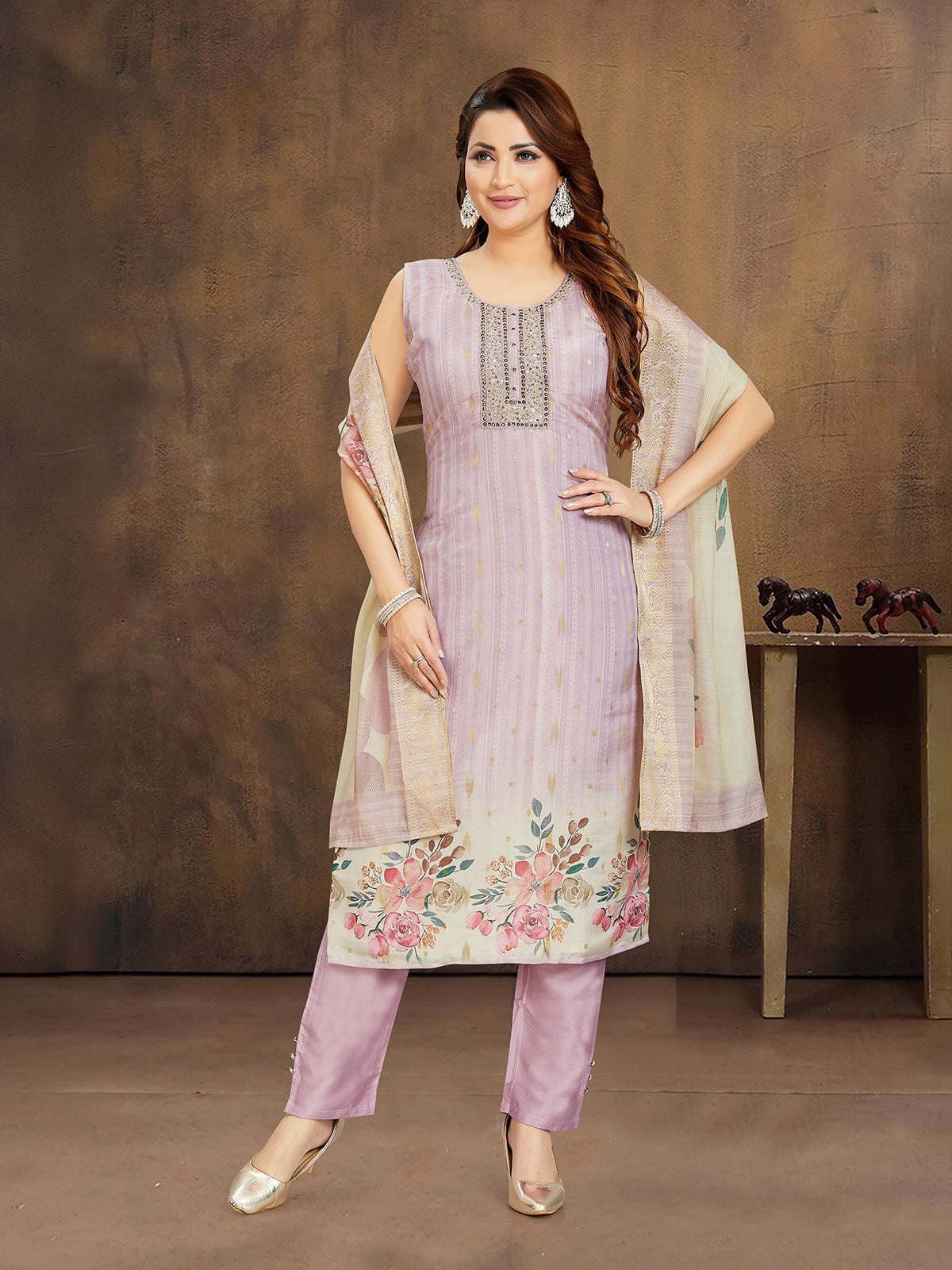 Lavender purple floral silk straight cut salwar suit