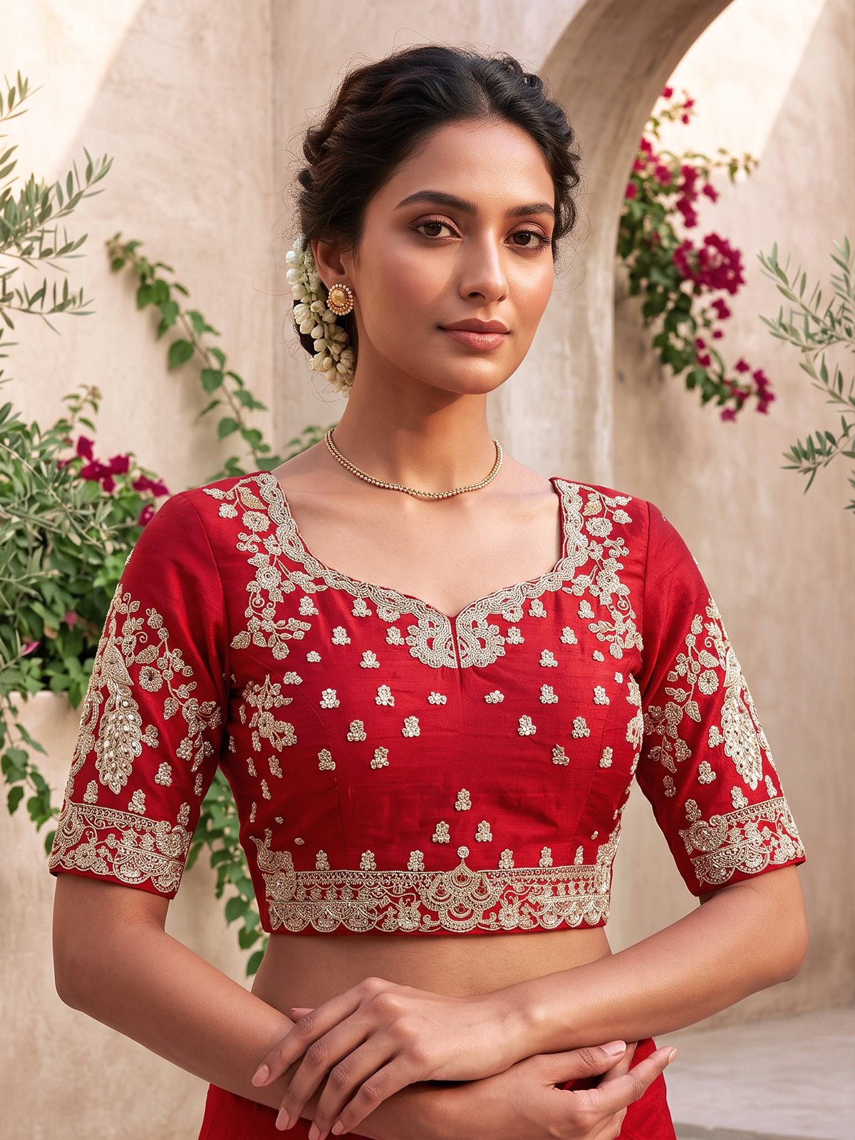 Red raw silk bridal lehenga choli with bird motifs