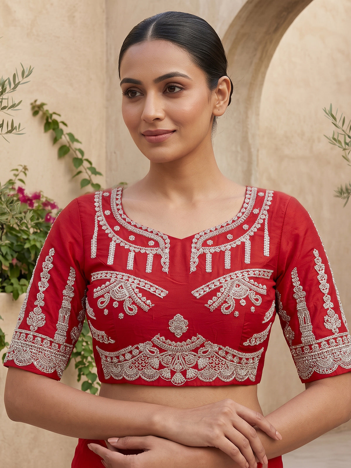 Red raw silk bridal lehenga choli with double bridal dupatta