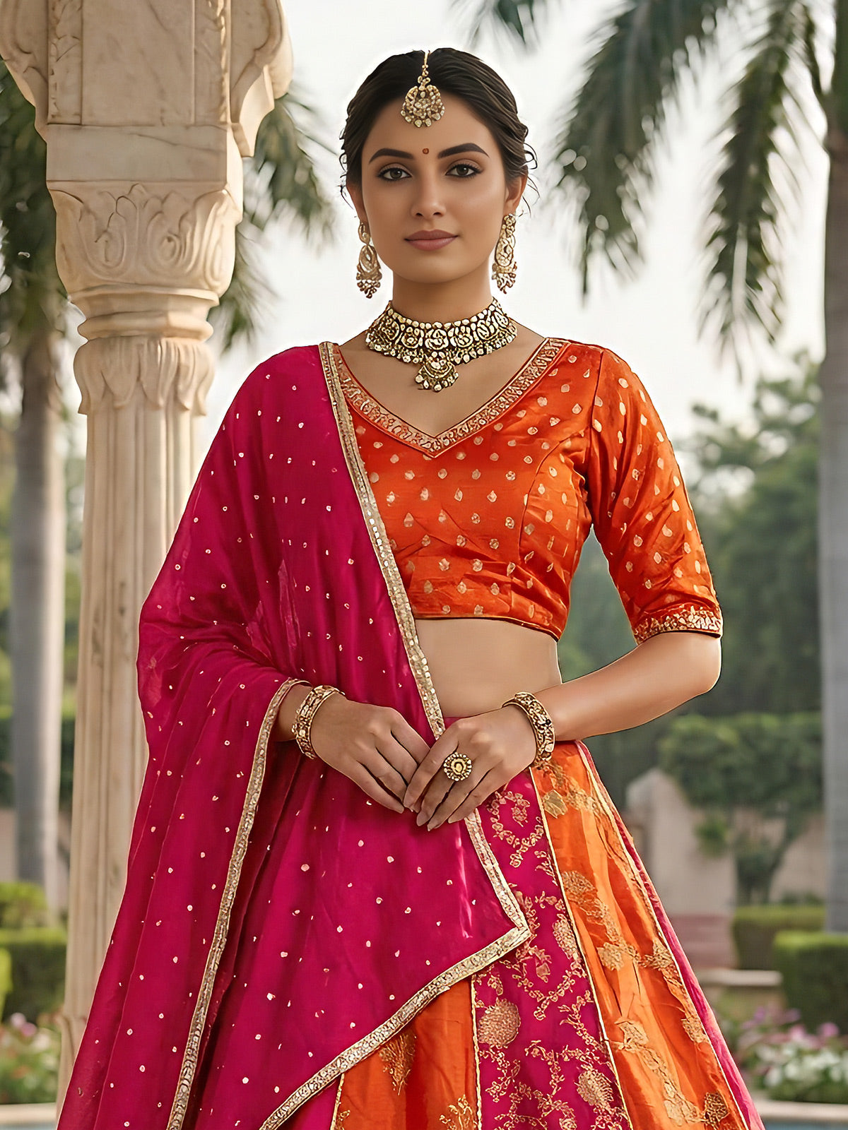 Orange designer gaji satin lehenga choli