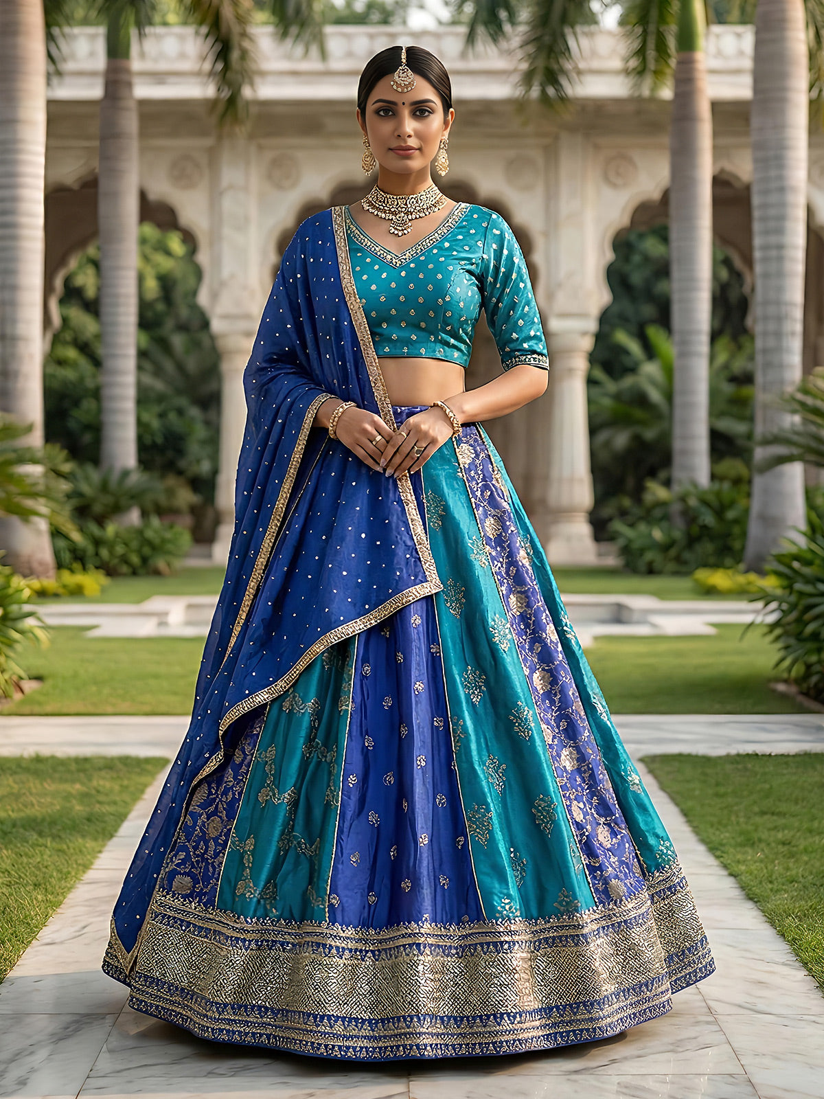 Blue designer gaji satin lehenga choli